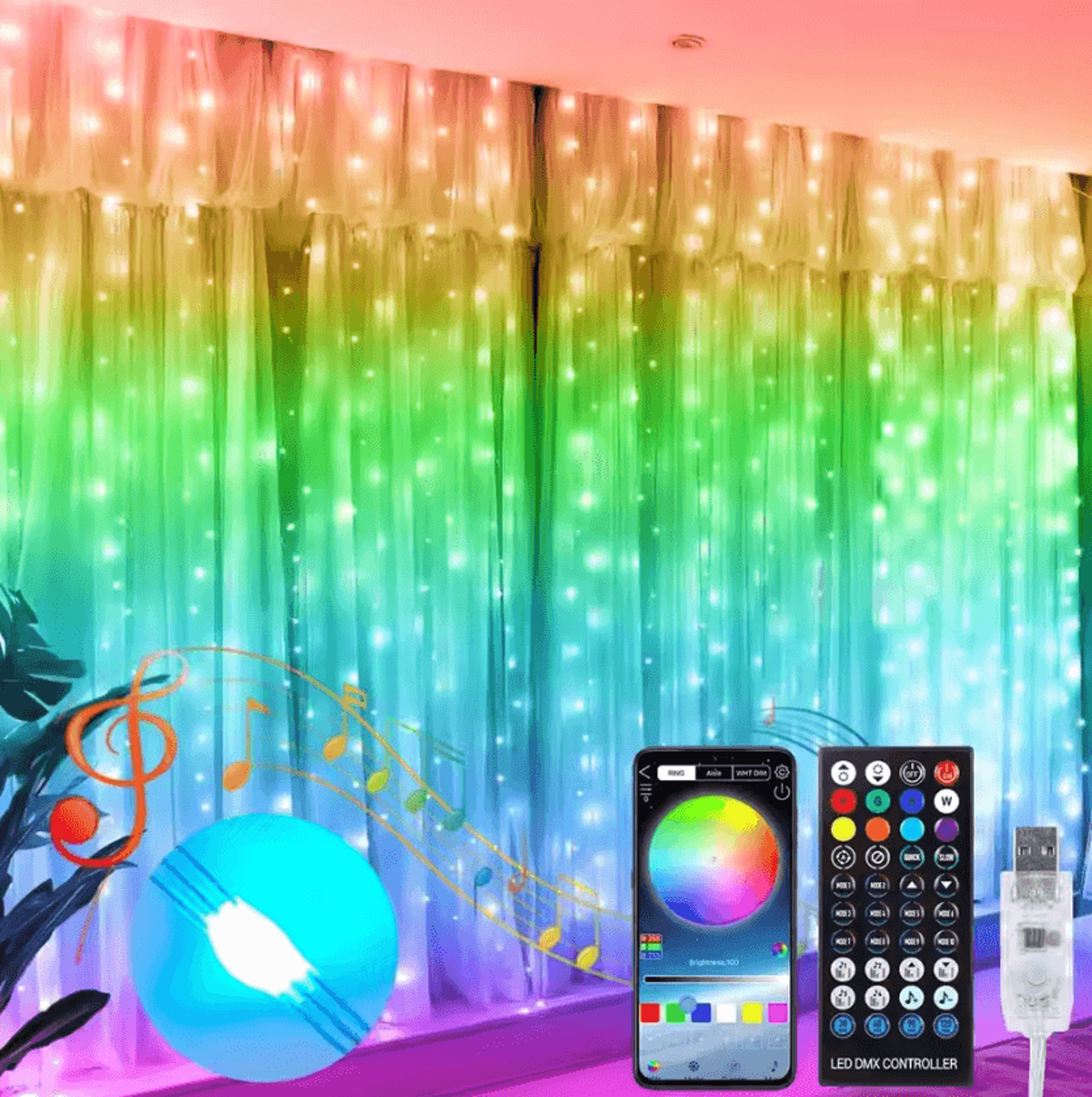 smart rgb led curtain lights with app control and music sync