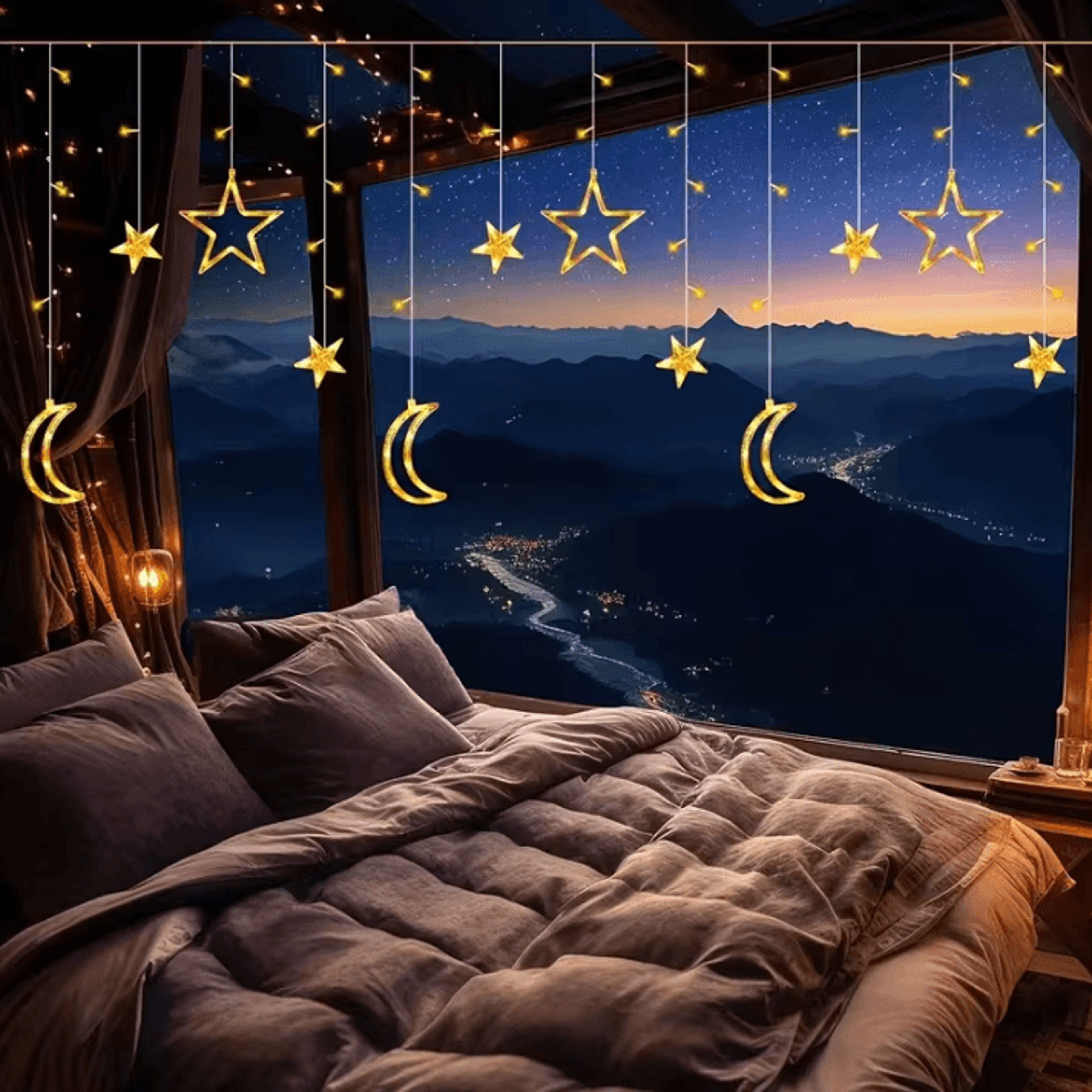 solar star moon curtain lights with warm white led glow