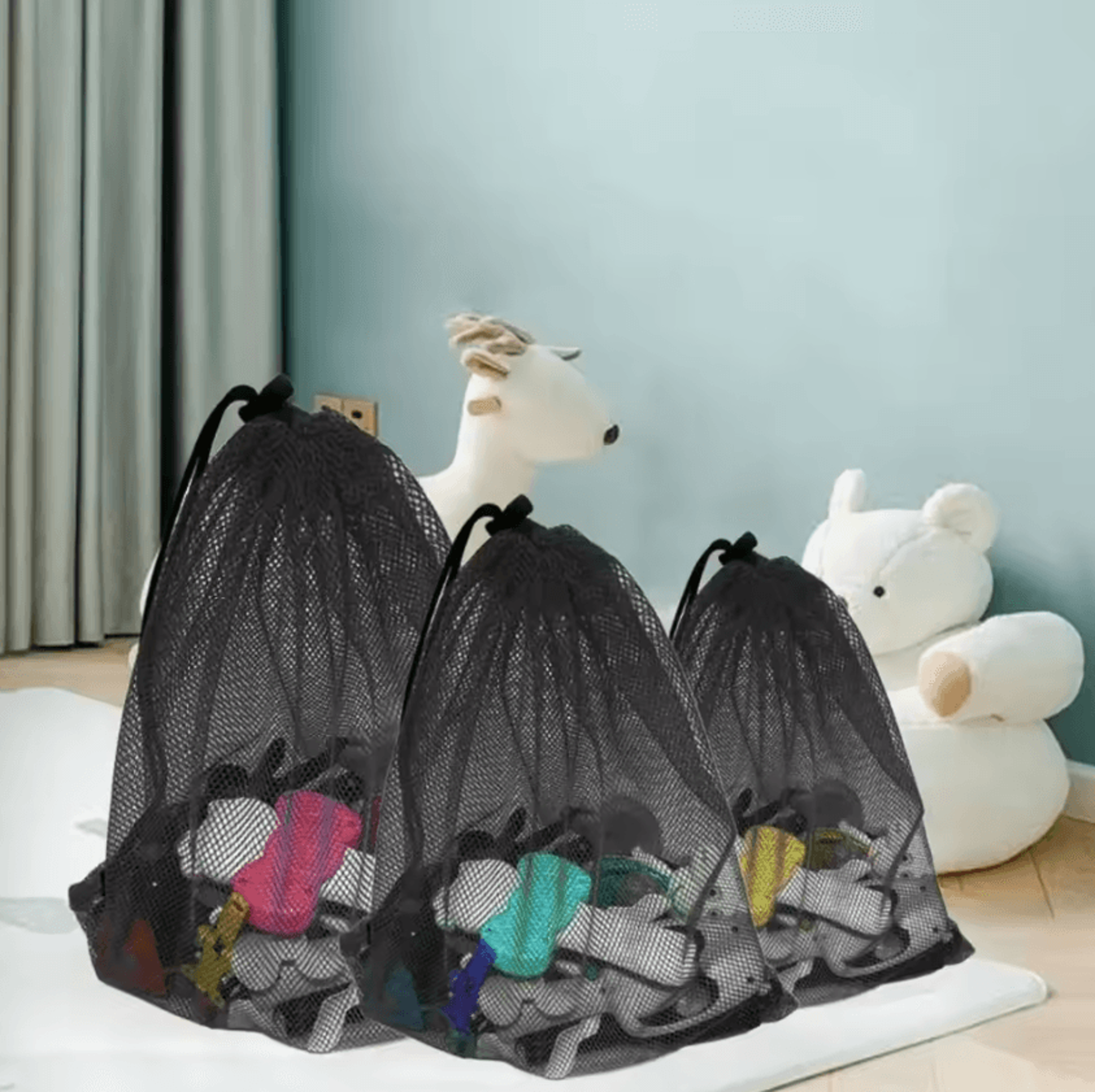 black mesh drawstring storage bag for sports and travel