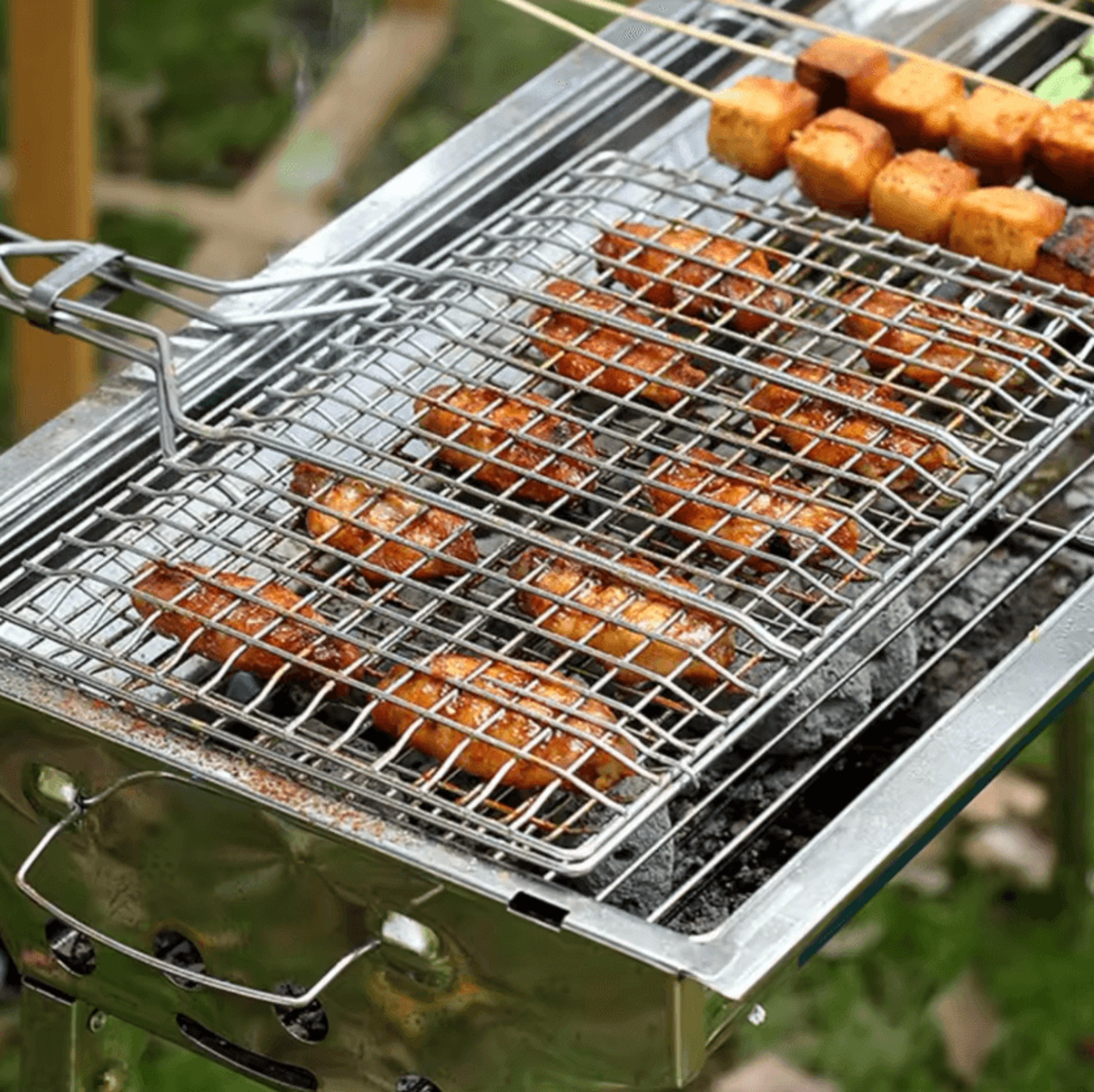 large folding bbq grill basket with removable handle