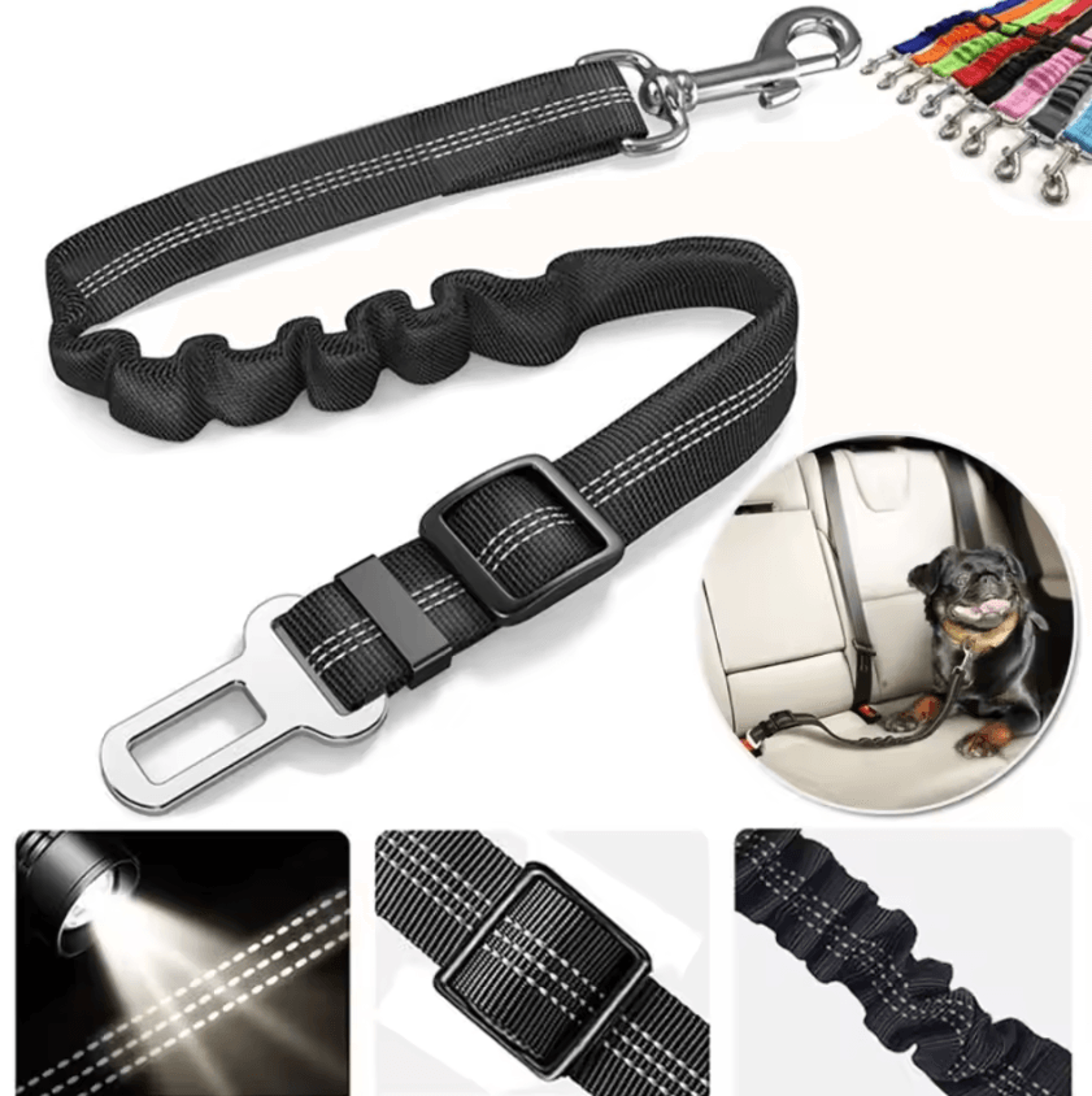 reflective adjustable dog car seat belt with bungee