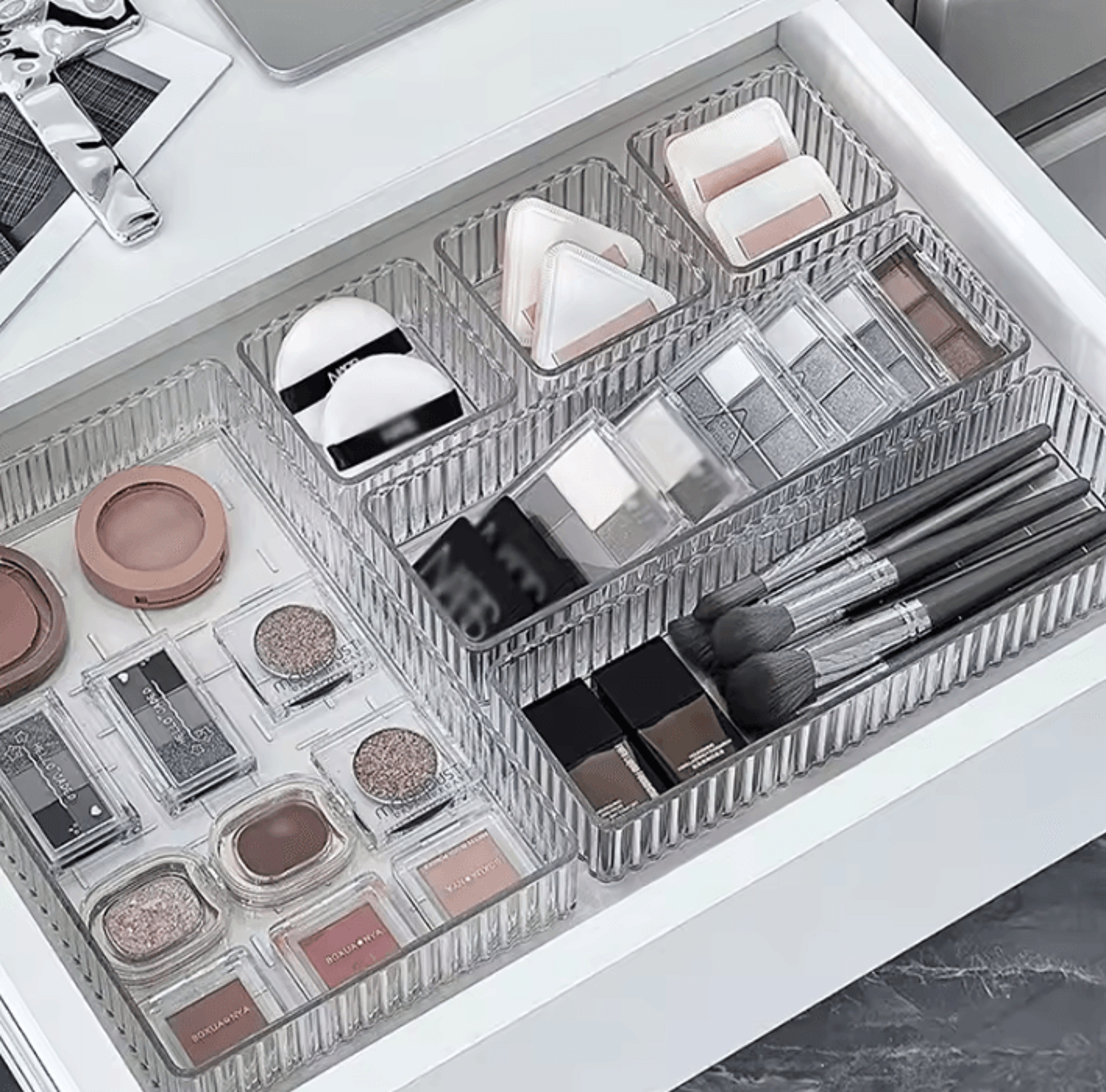 clear stackable drawer organizer trays in 4 sizes