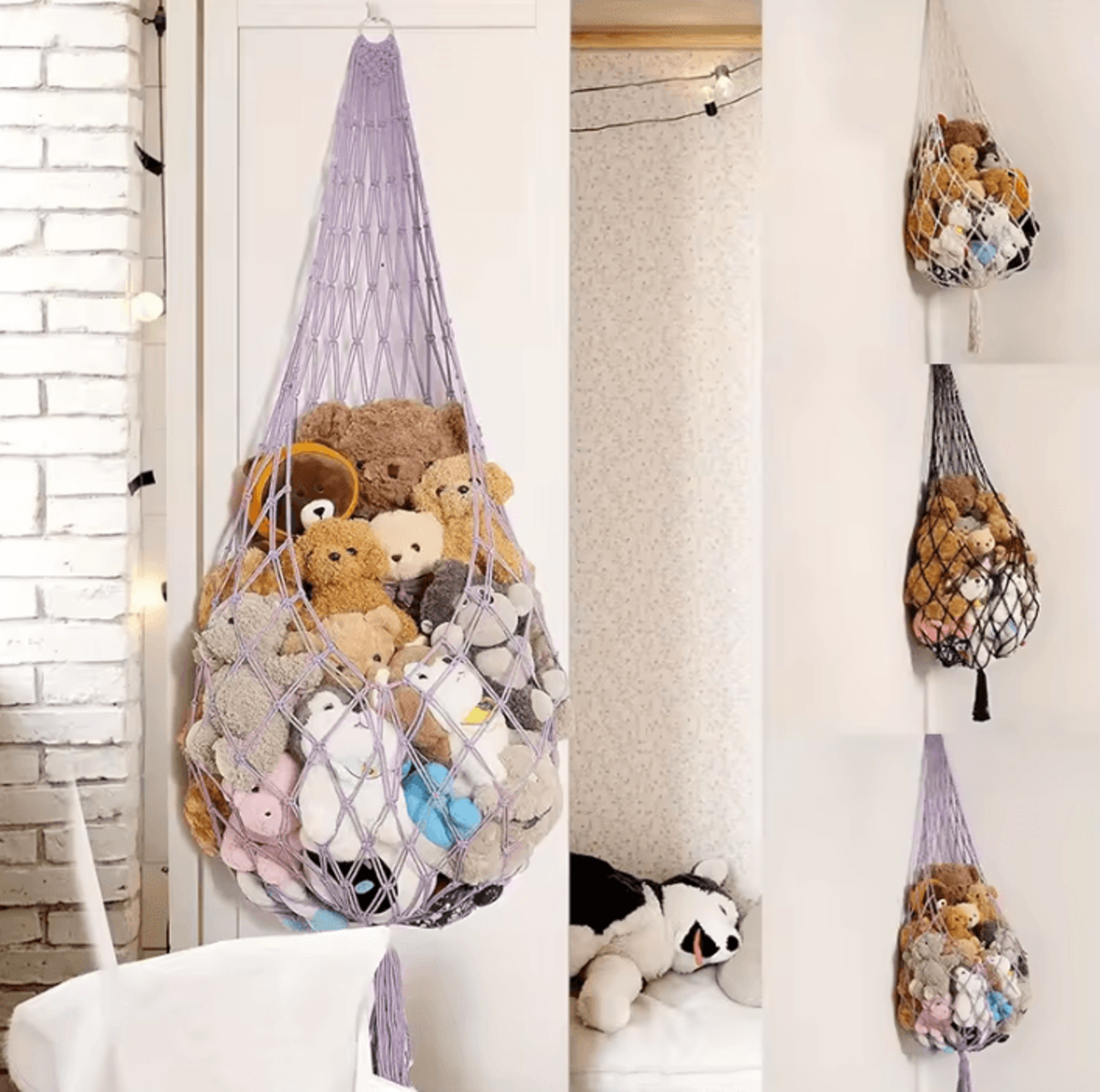 large macrame stuffed animal storage hammock