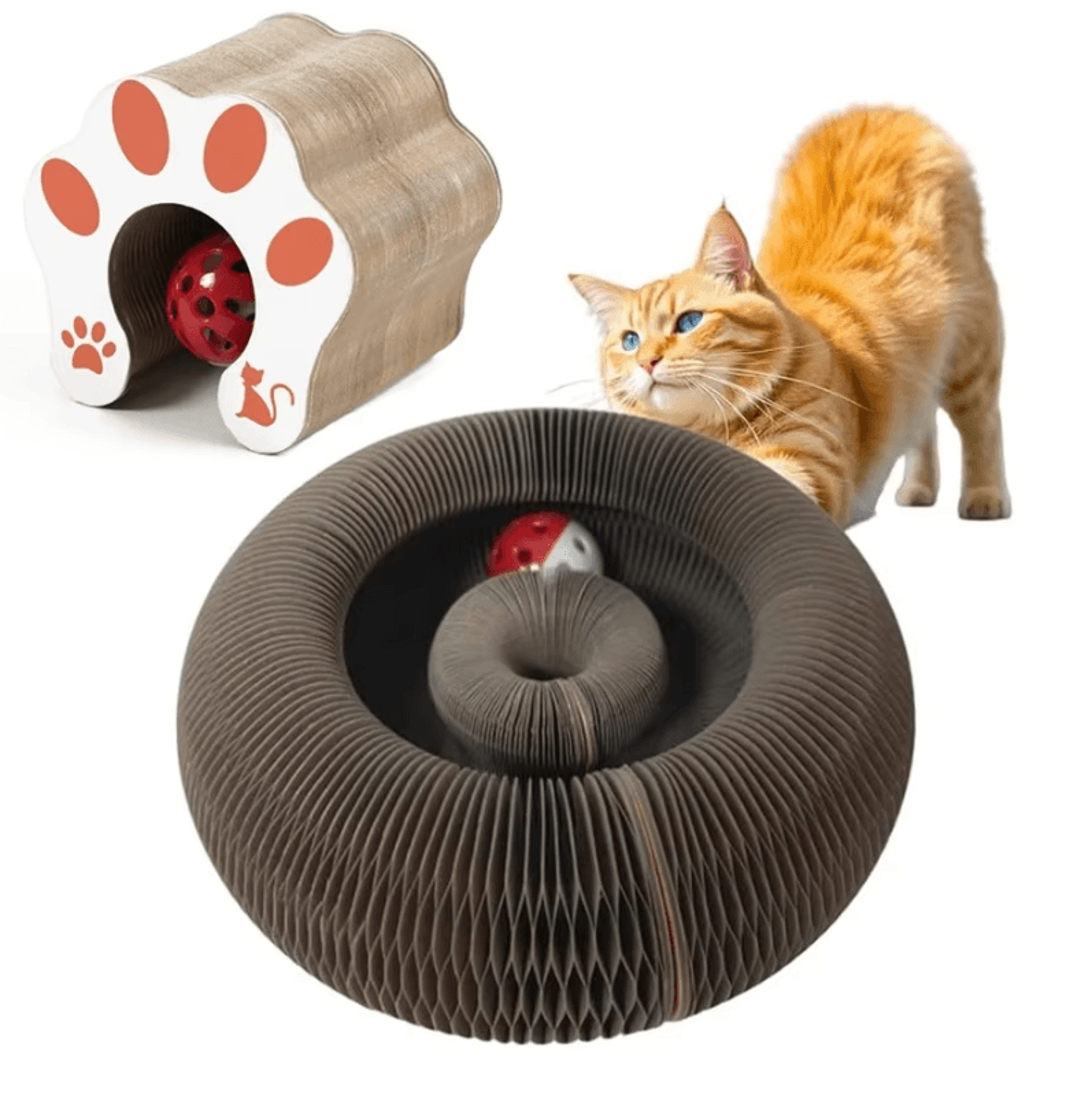 foldable accordion cardboard cat scratcher with ball track