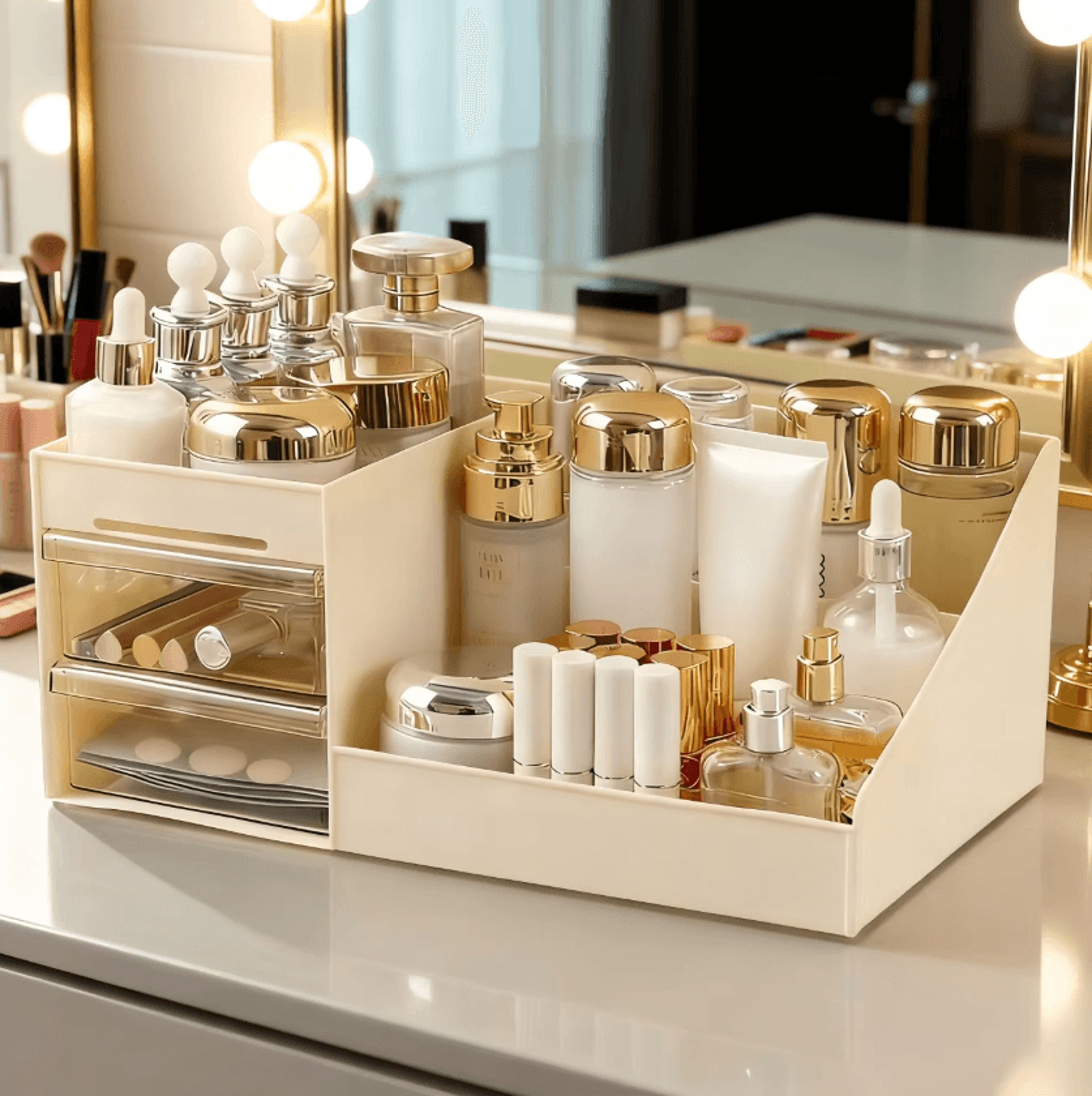 compact makeup organizer with 2 drawers and 6 compartments