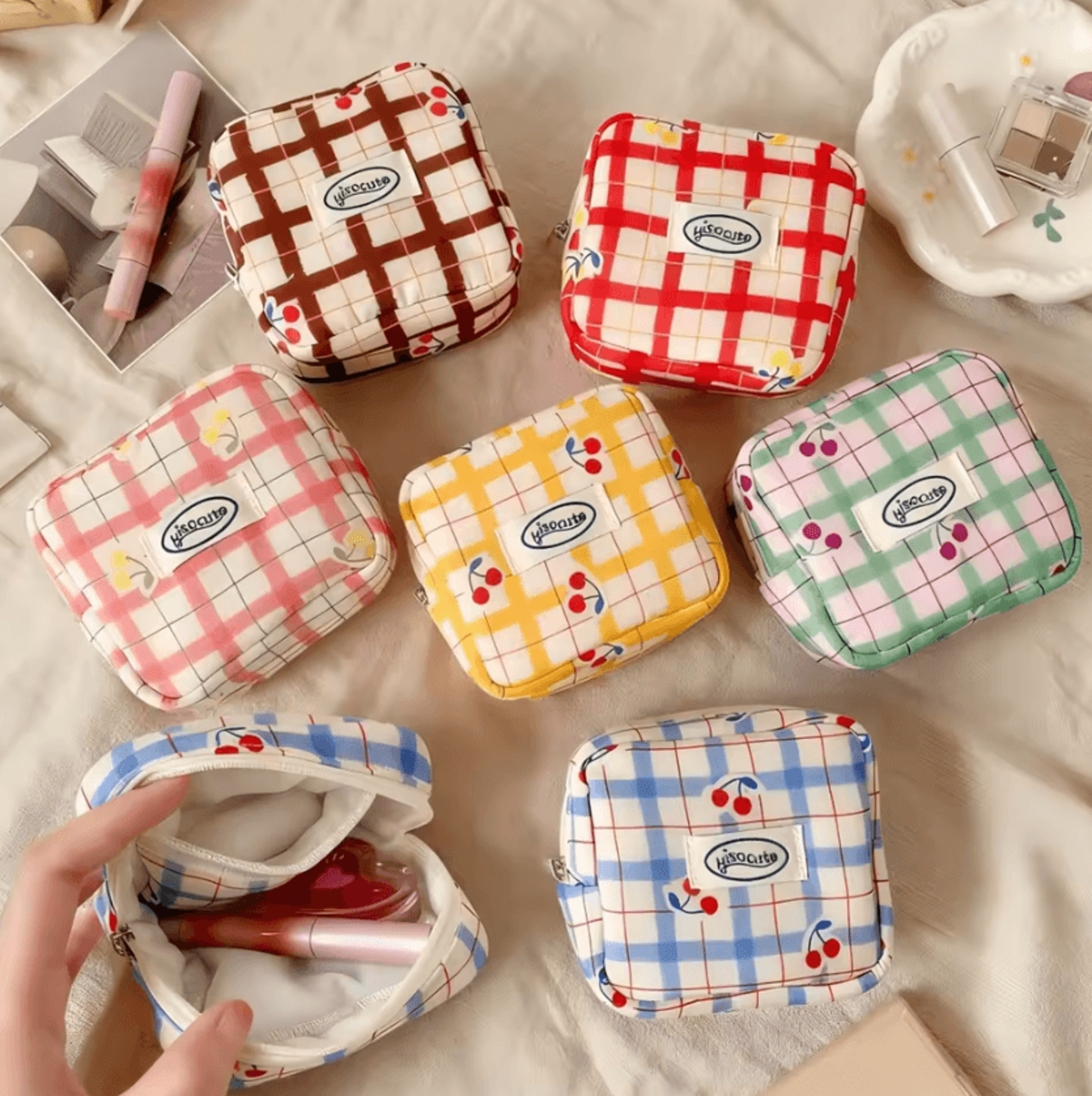 mini cosmetic pouch with compartments for purse