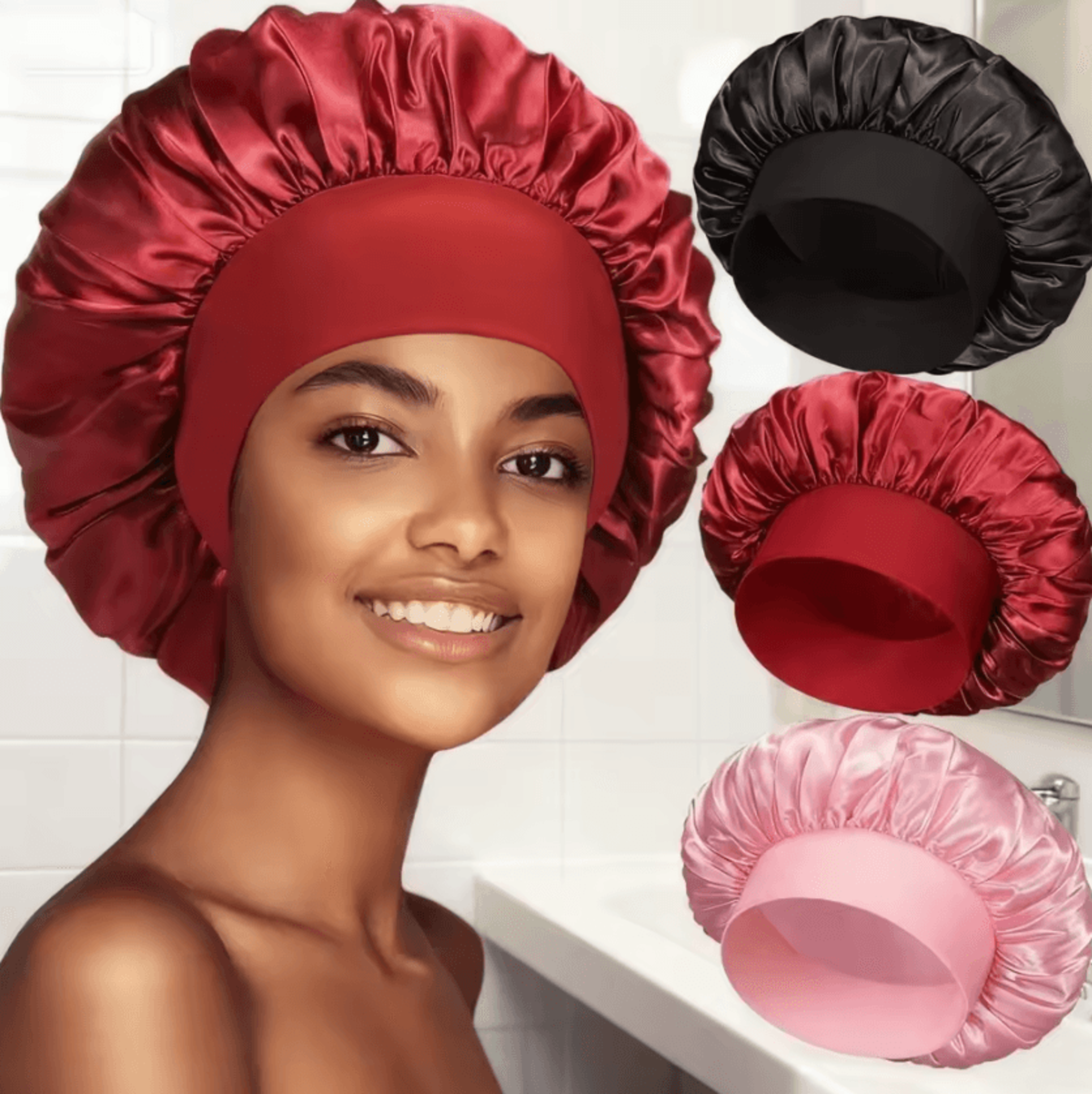 double layer satin sleep bonnet with elastic band