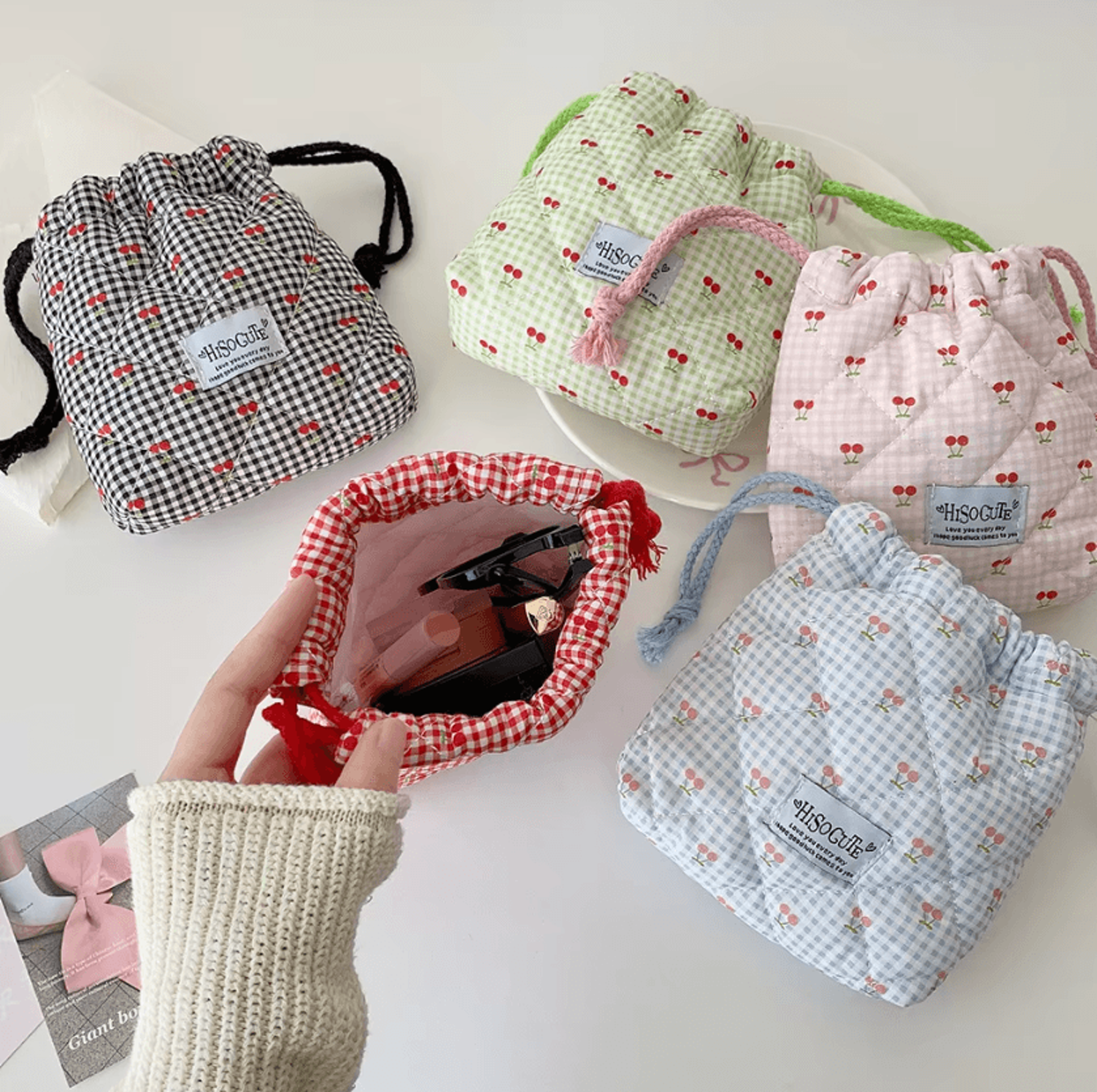 cotton quilted drawstring makeup bag for travel