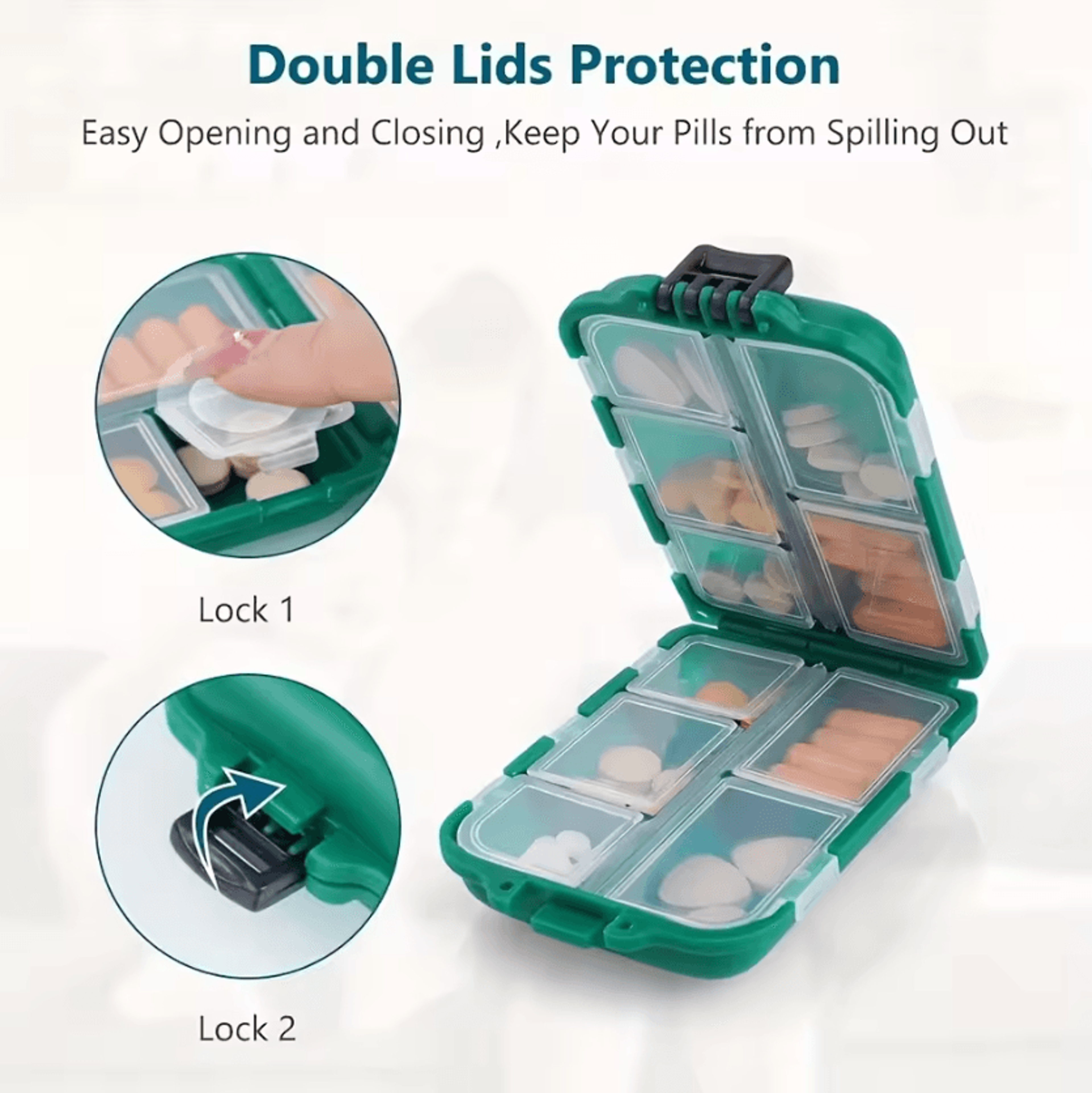 10 compartment portable pill box for travel and daily organization