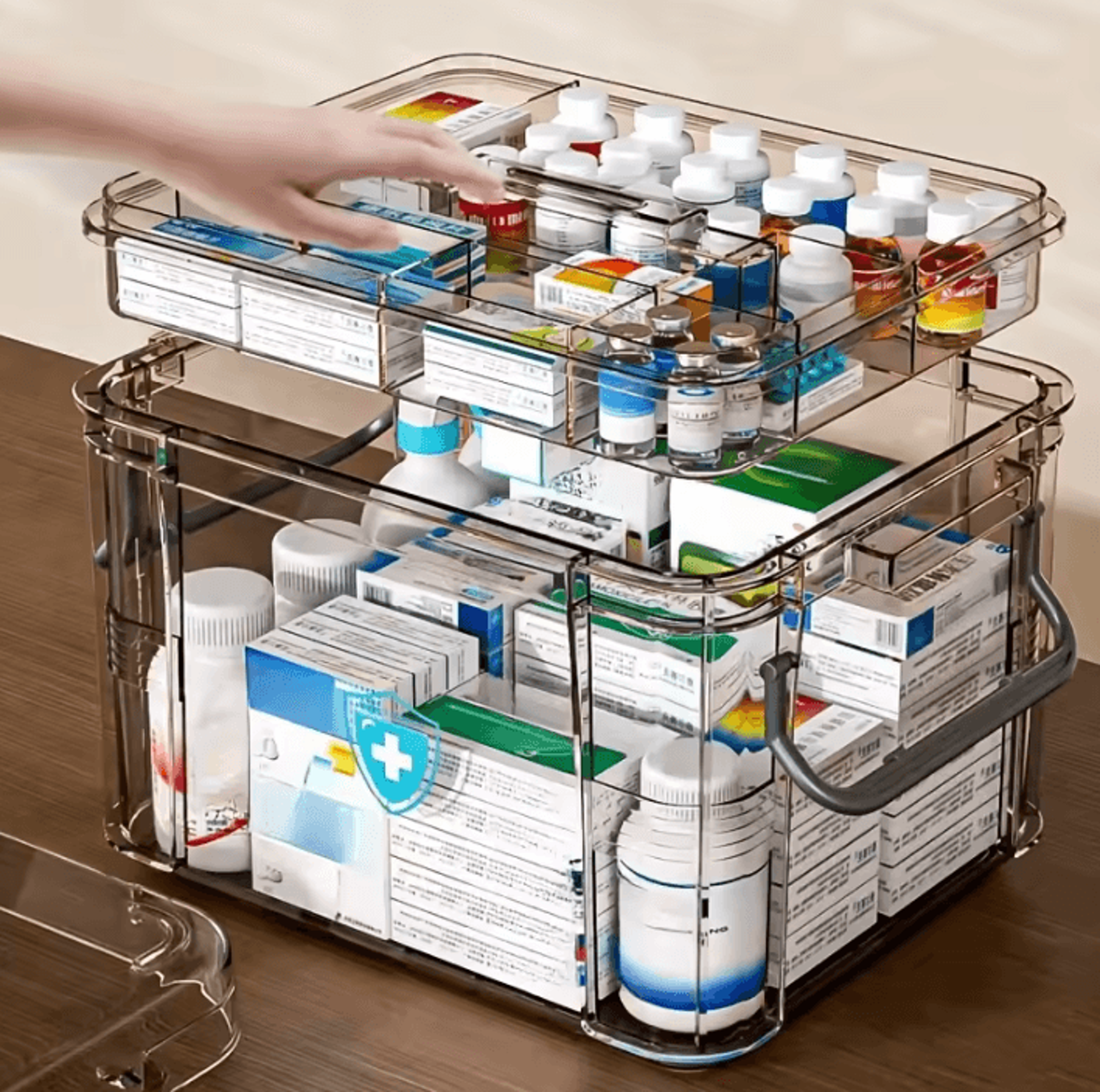 clear first aid medicine organizer box with removable tray