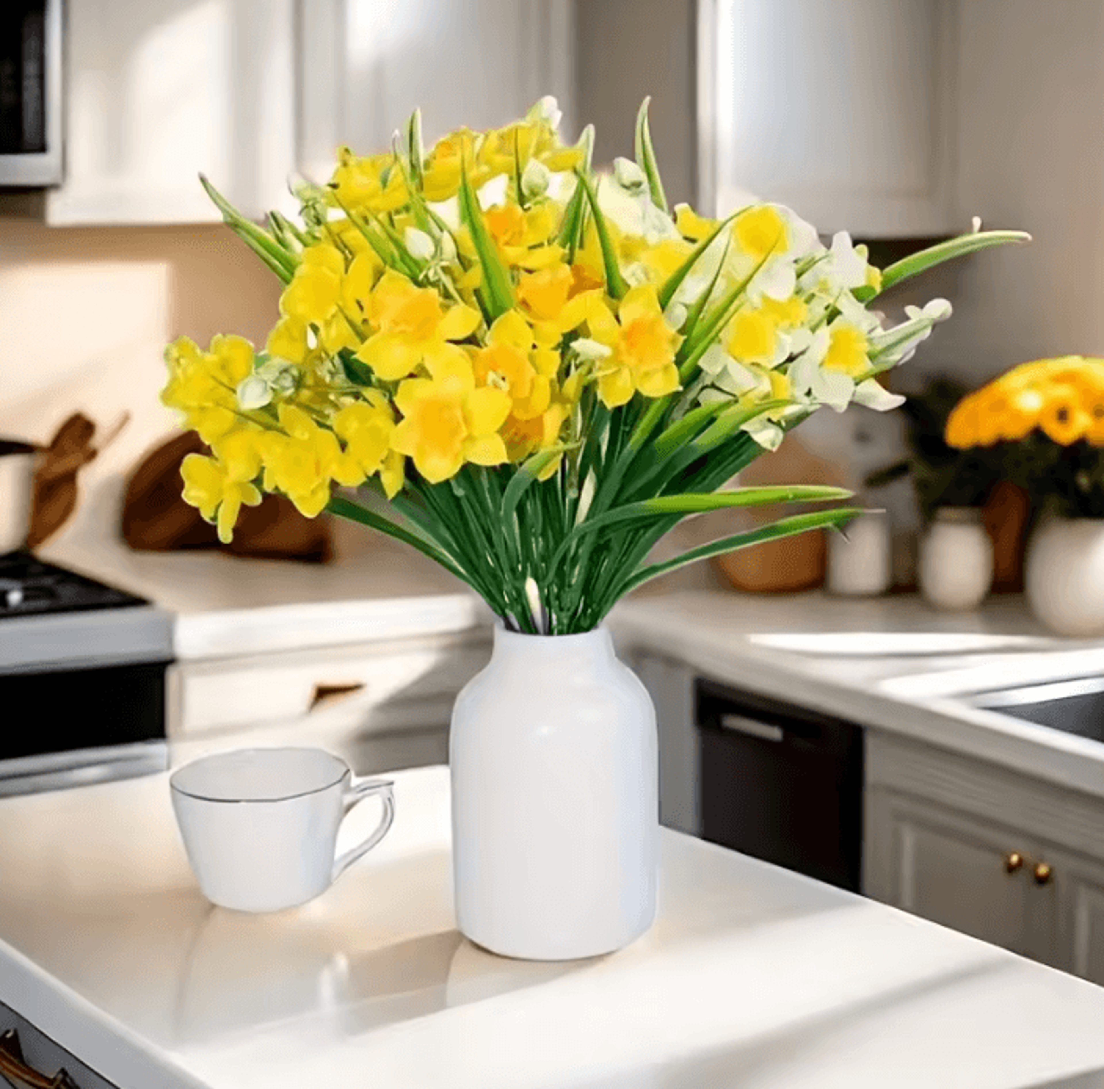 white and yellow artificial daffodil bouquet for home decor