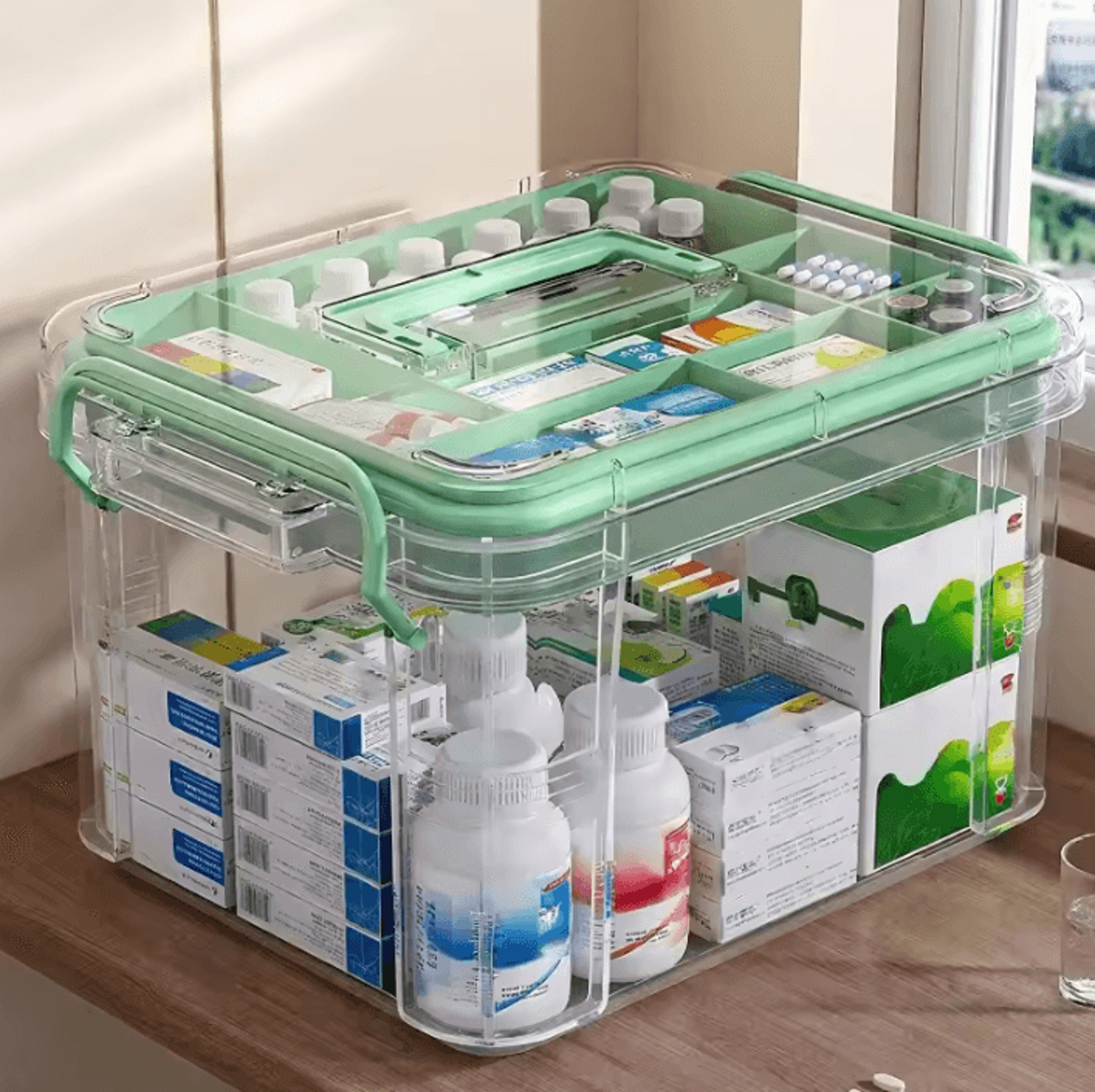 clear medicine organizer storage box with tray and labels