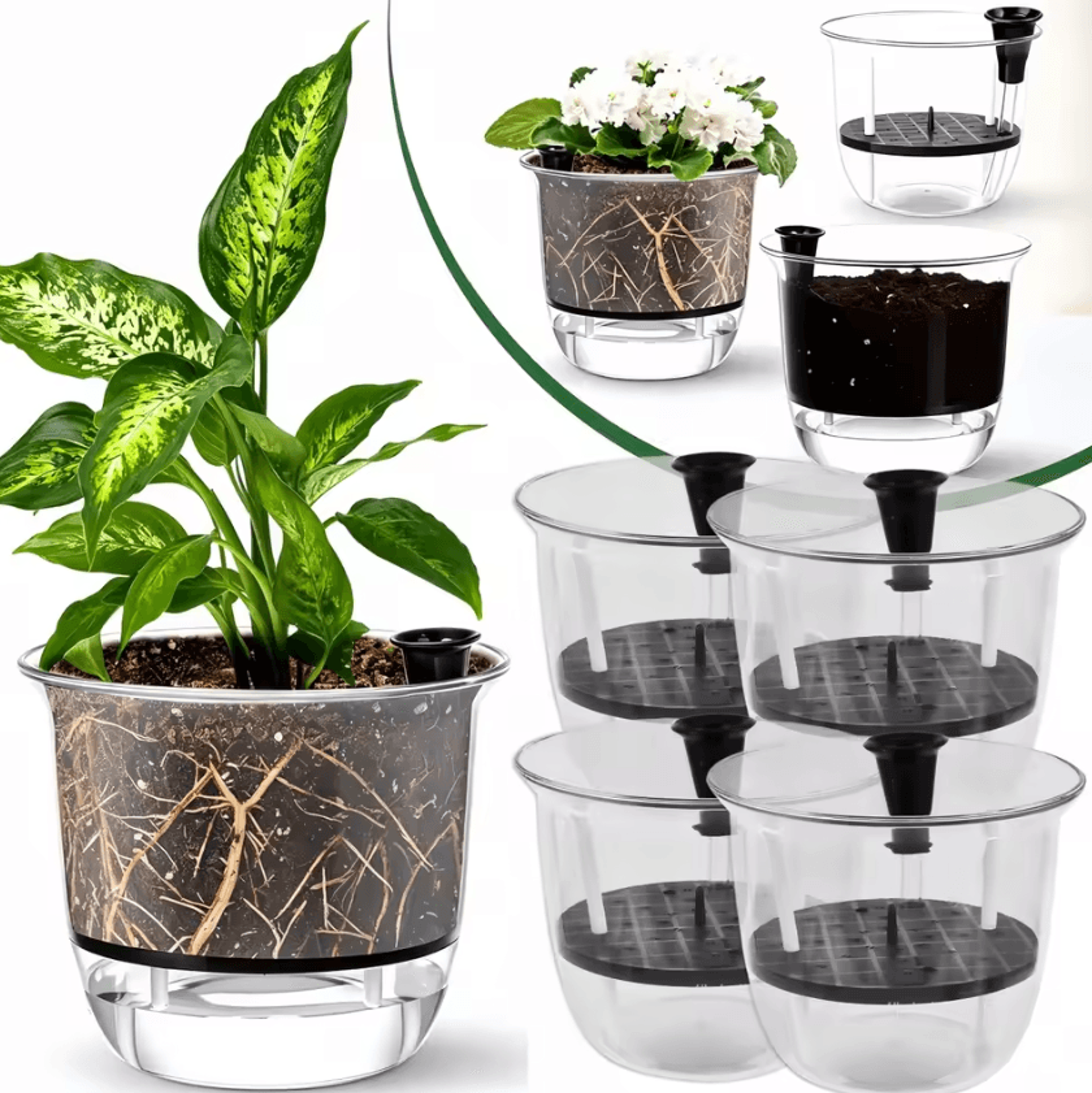 2pcs clear self watering plant pots with deep reservoirs