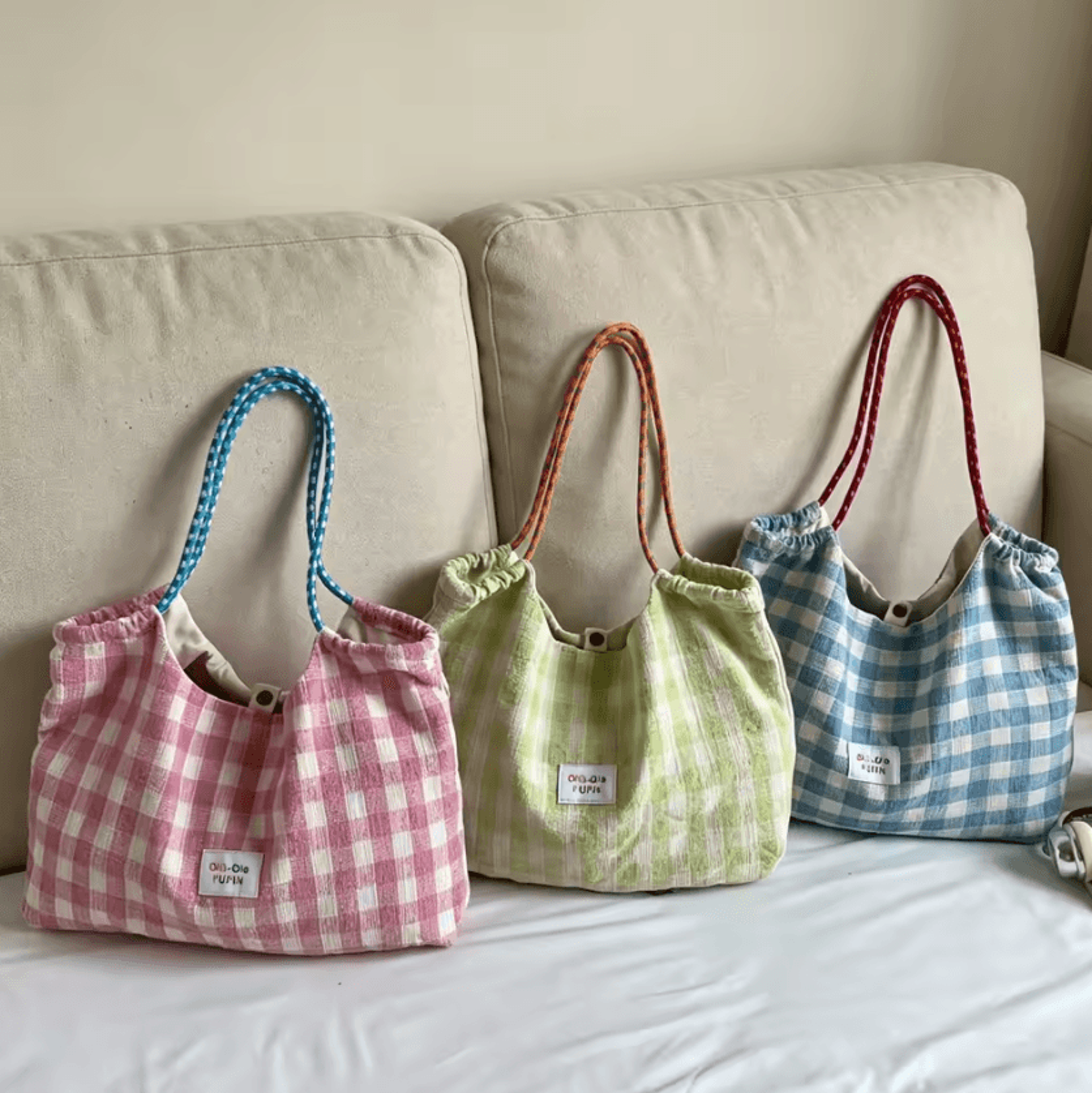 korean plaid canvas tote bag for women