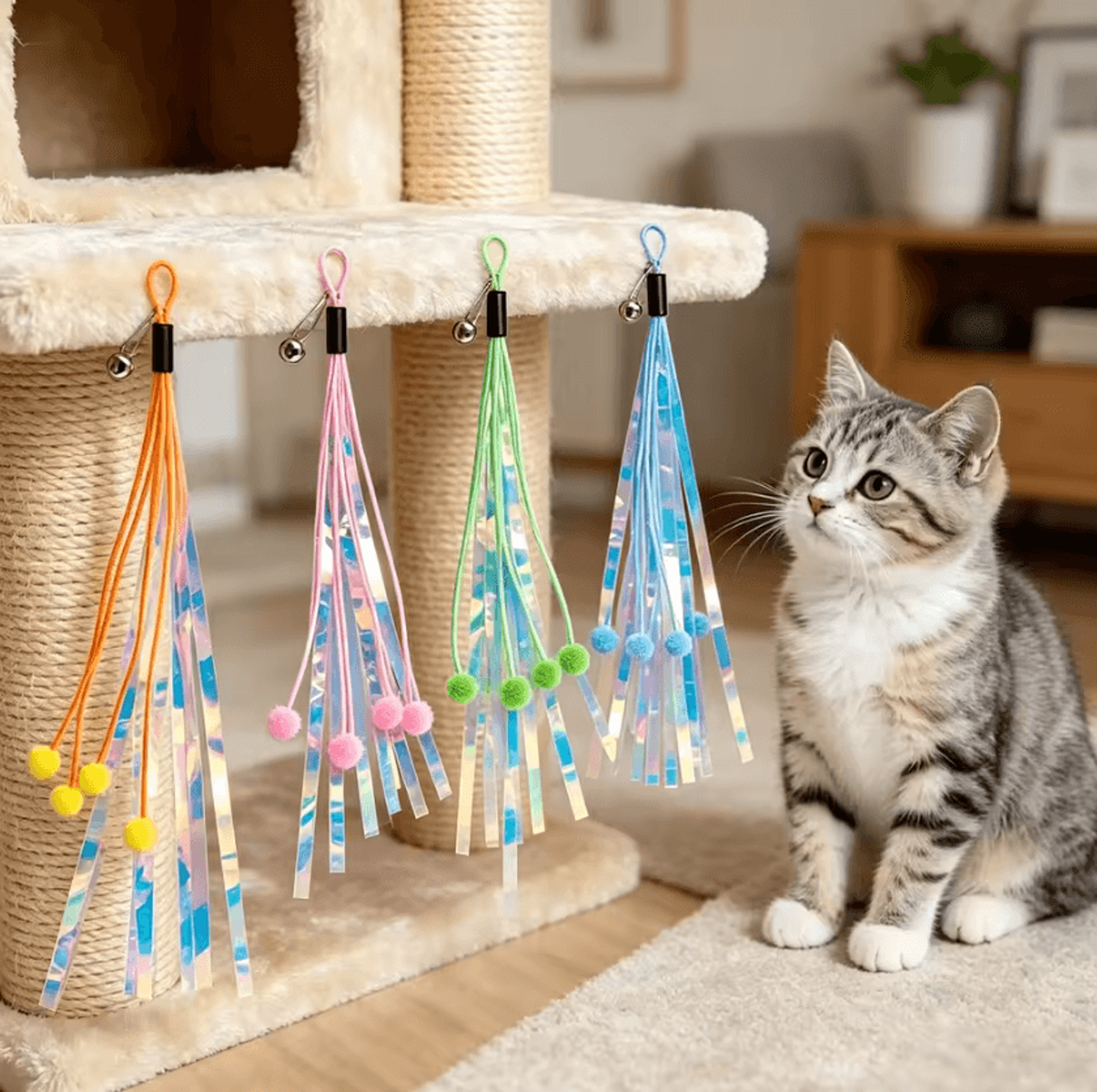metallic foil cat wand replacement teaser toy with bell