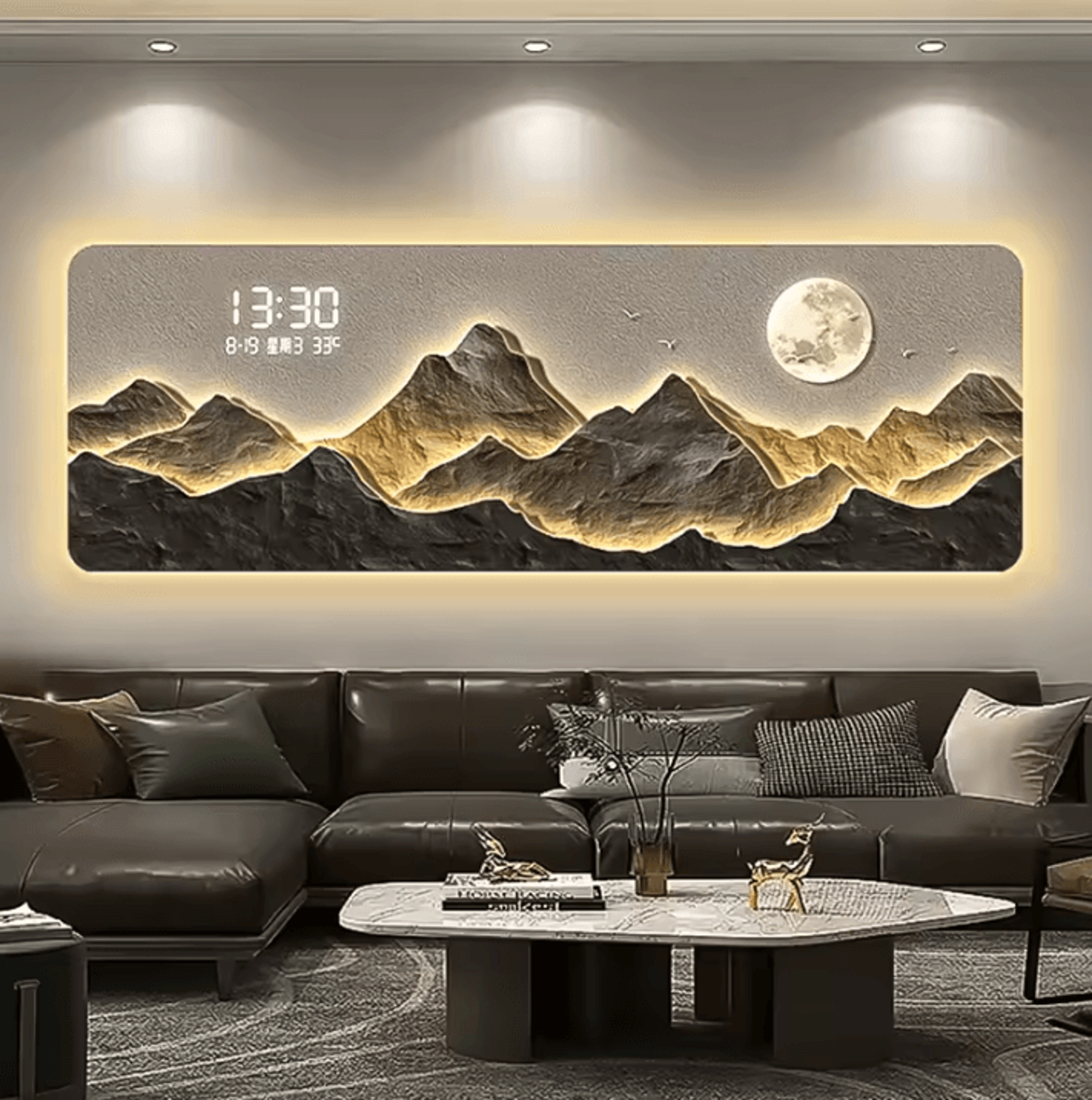luxury mountain led wall art with digital clock