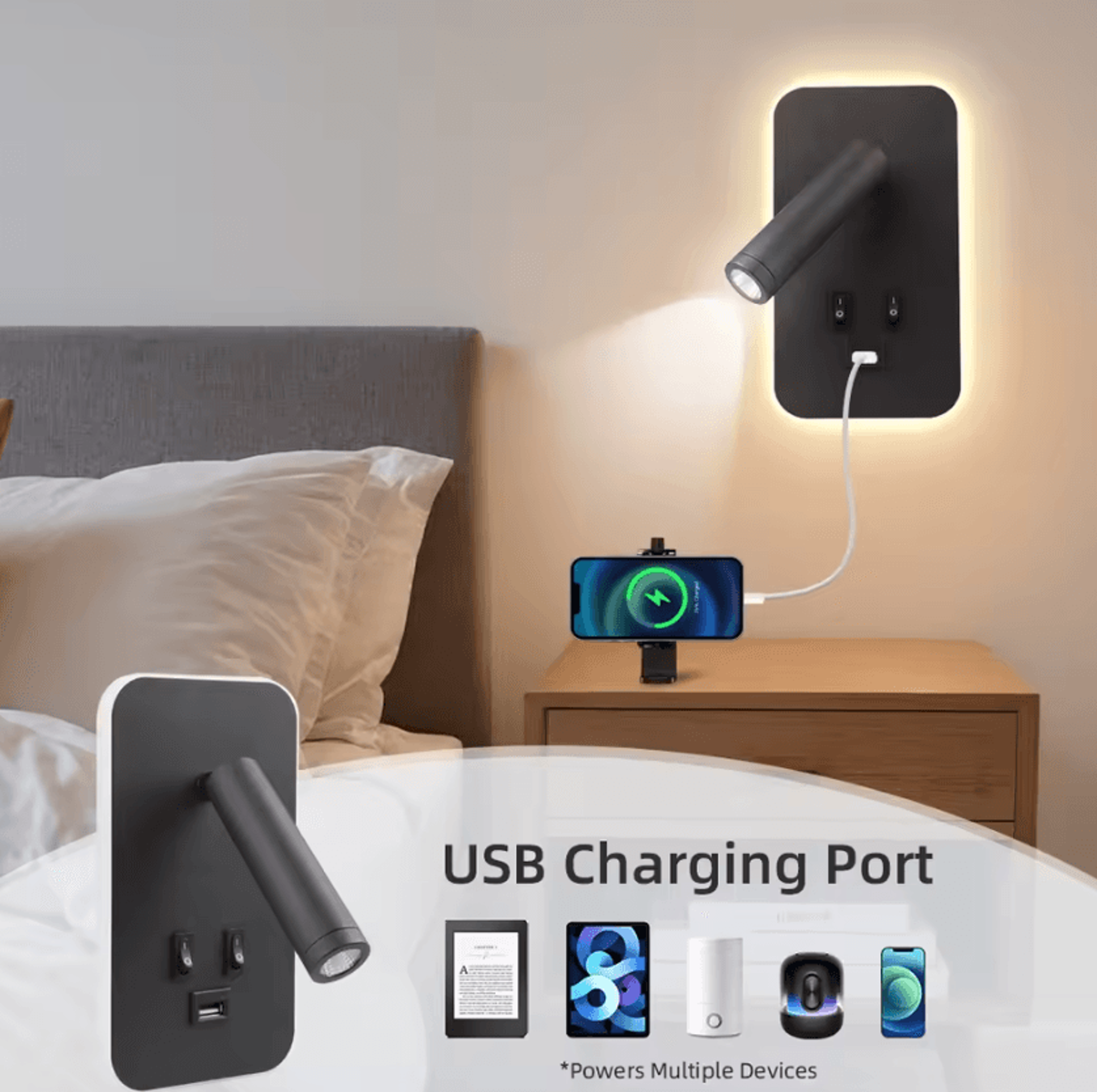 rotatable led bedside reading wall lamp with usb port