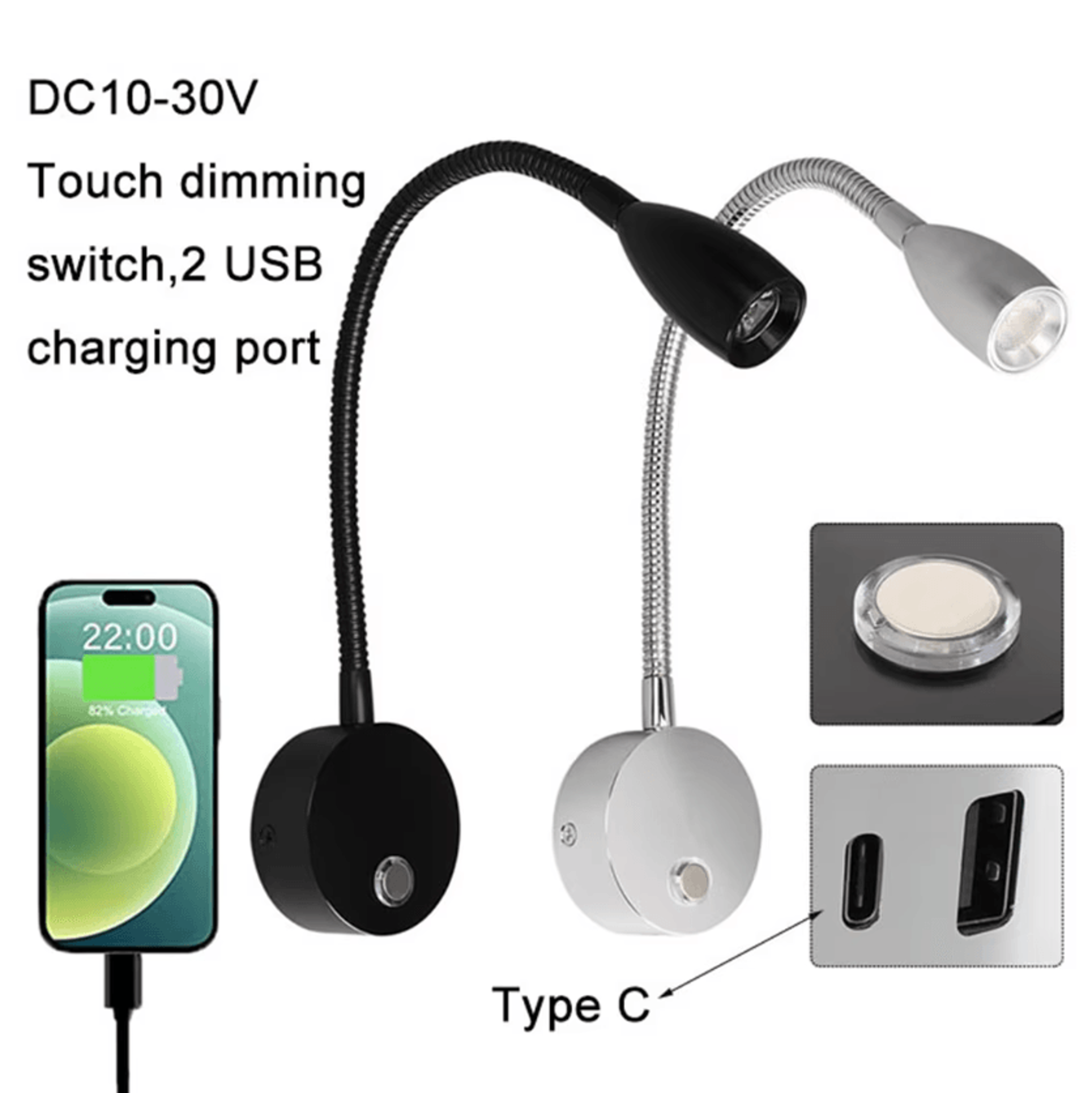 12v 24v dimmable rv reading light with usb c charger