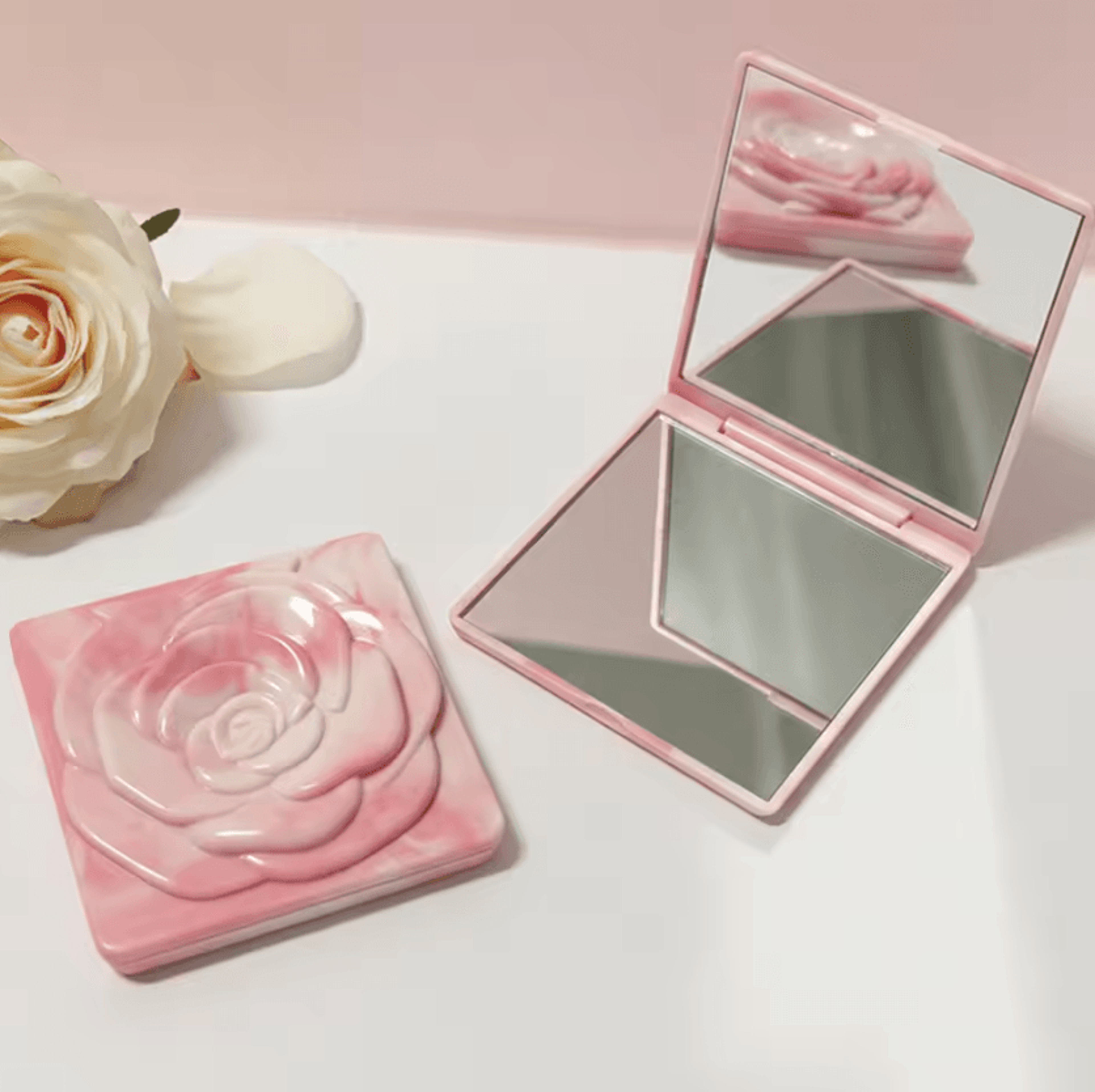 7cm rose folding pocket makeup mirror with storage bag