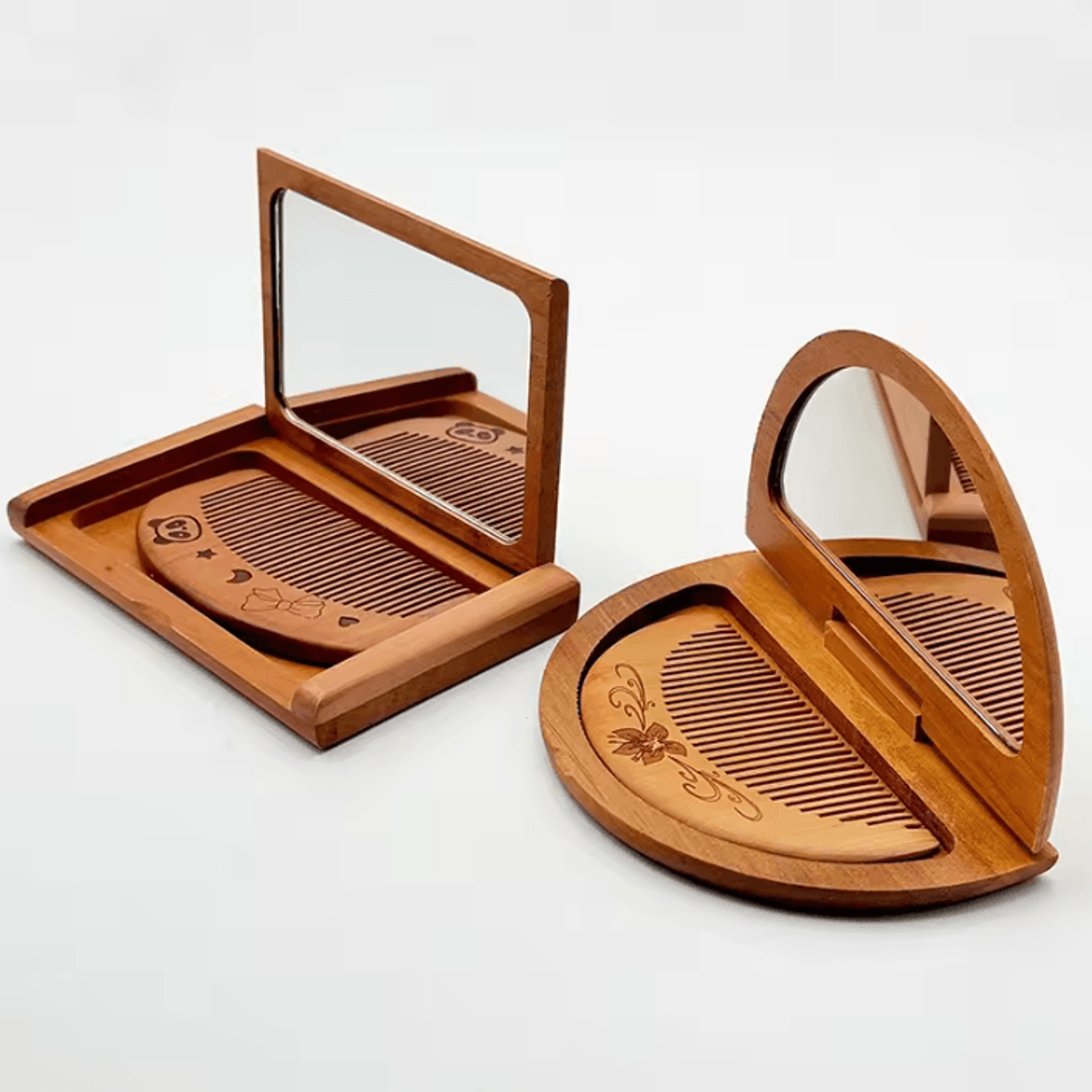 2 in 1 peachwood folding comb and mirror set