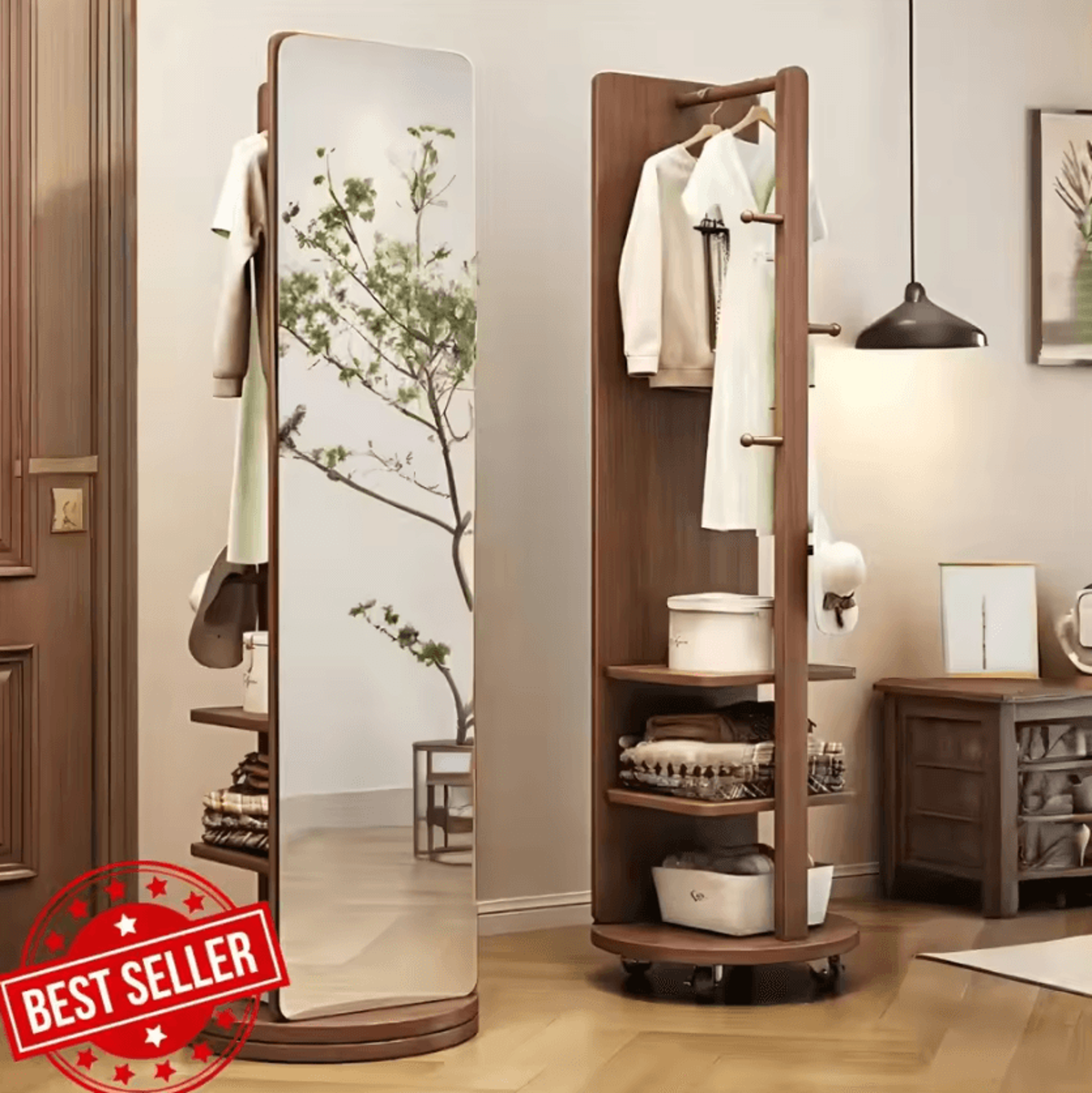 360 degree rotating full length mirror with coat rack and storage