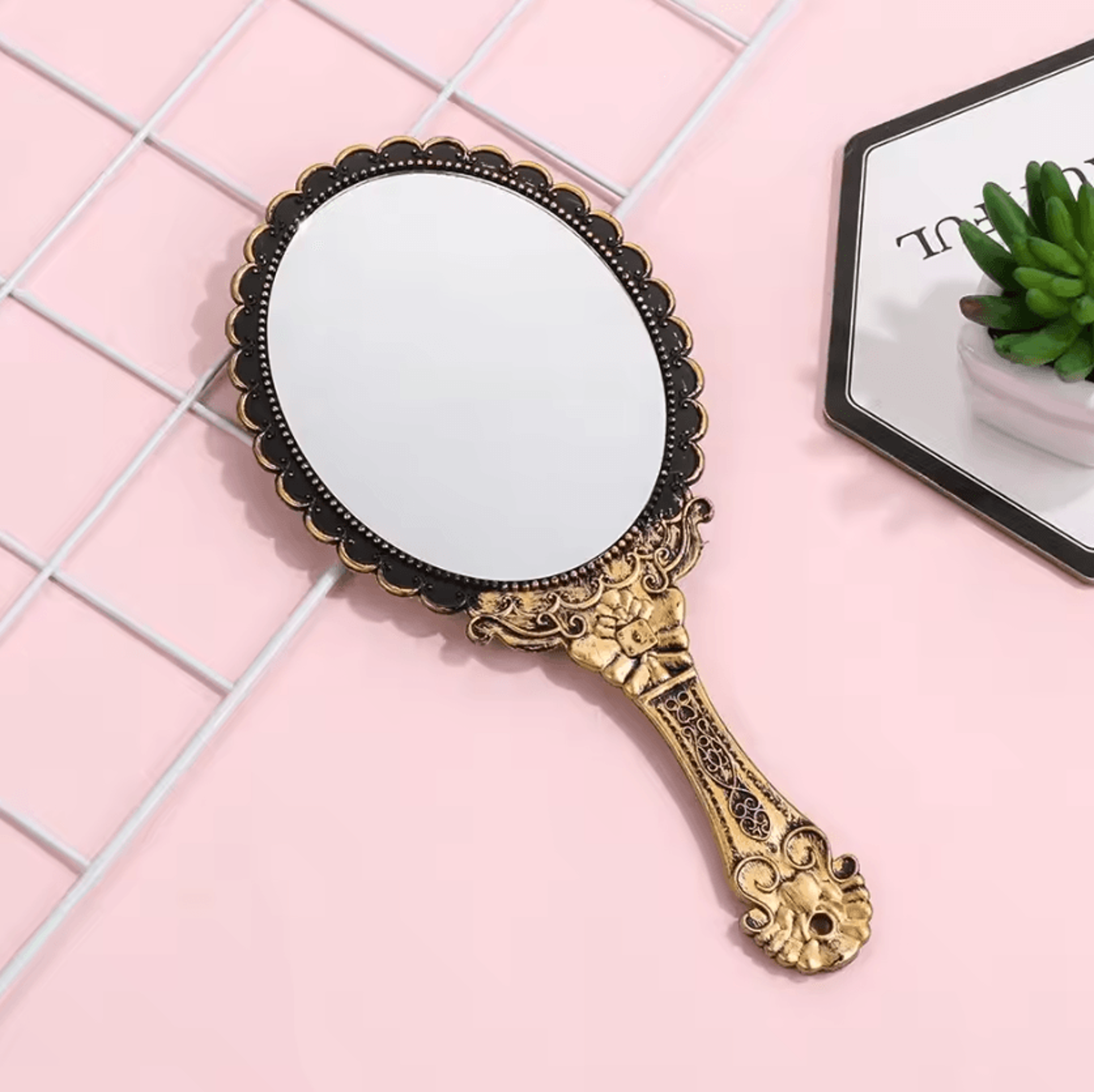 vintage oval handheld vanity mirror with standing base