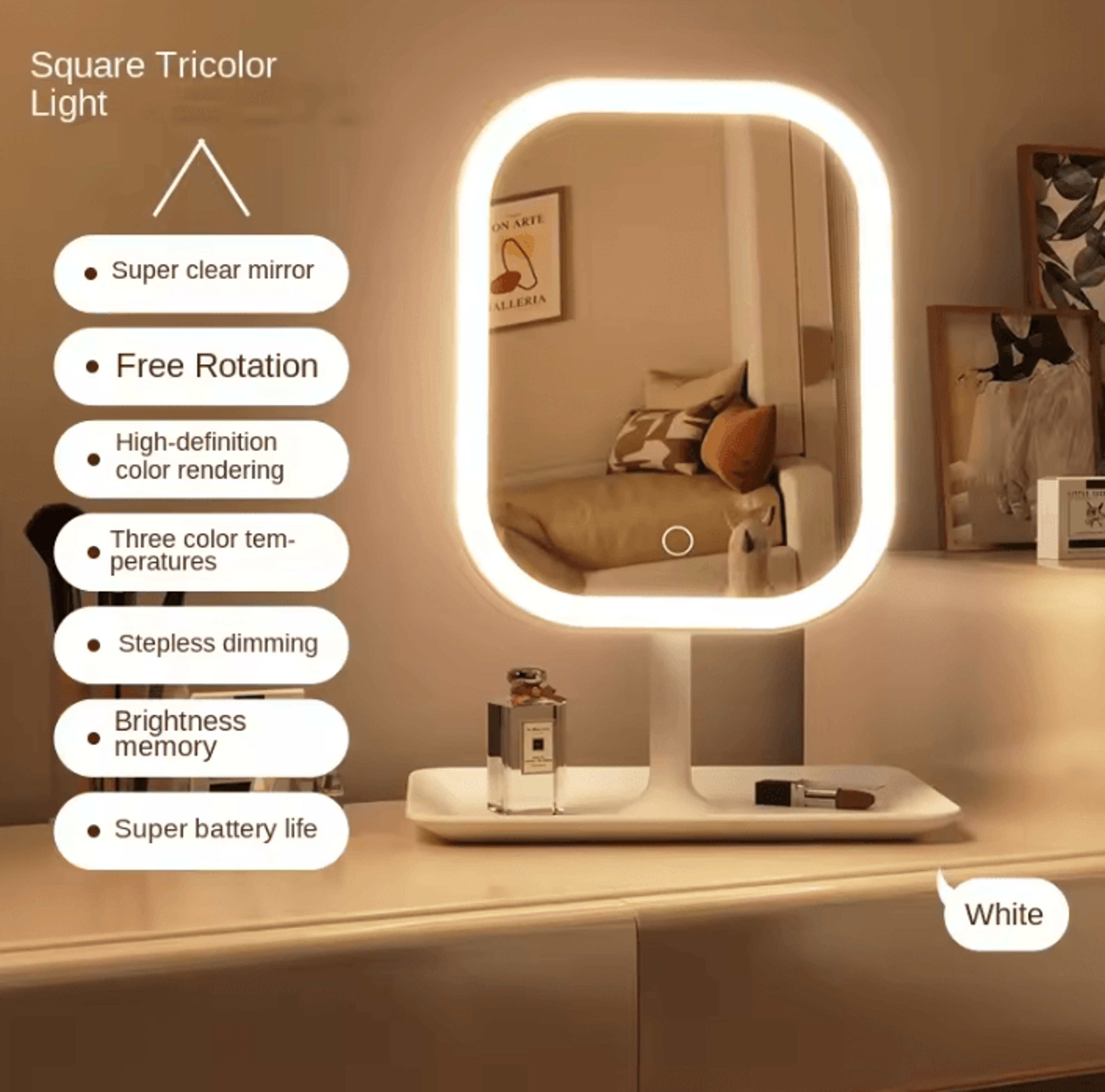 3 color led desktop vanity mirror with storage tray