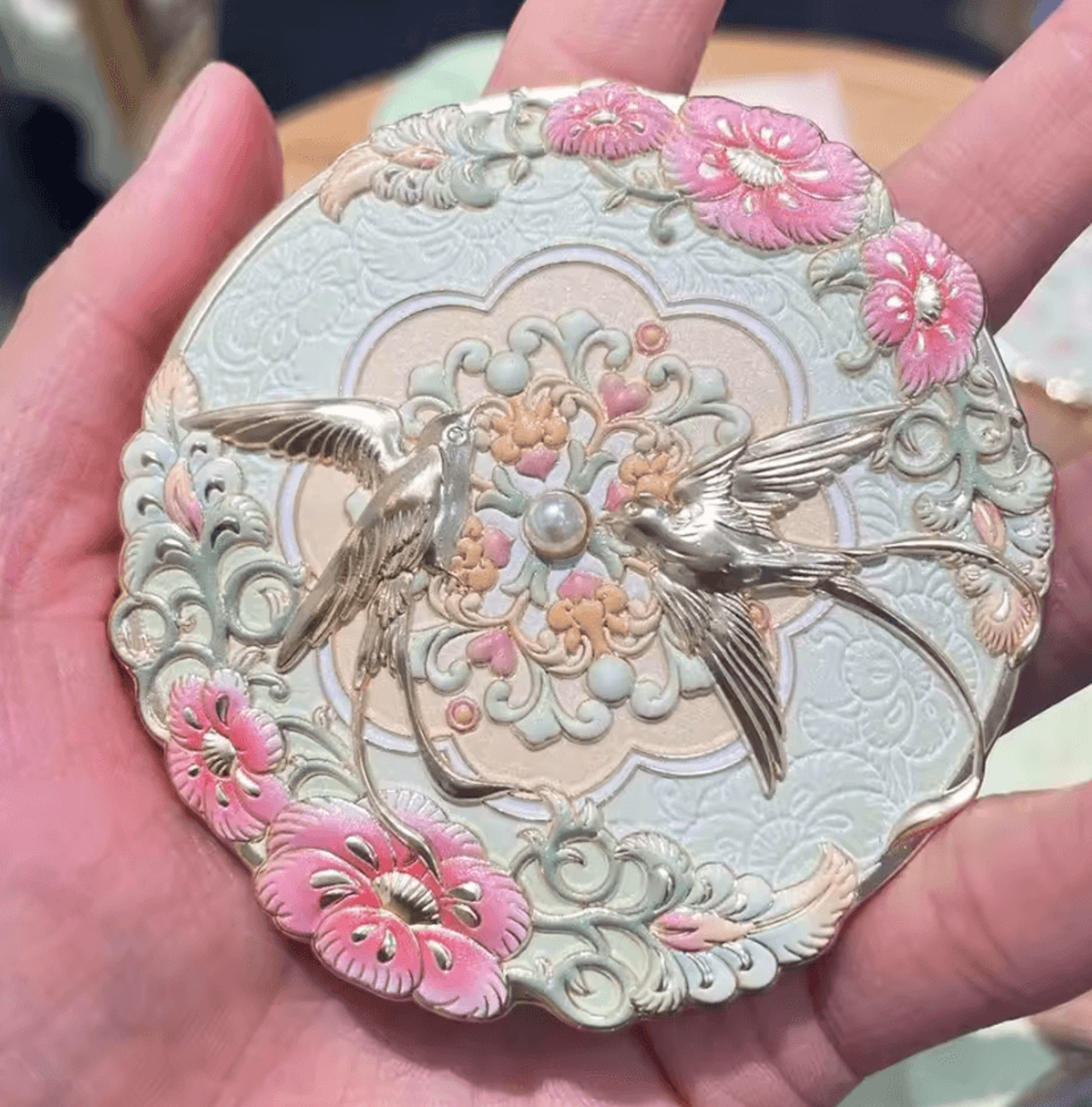 vintage chinese style embossed flower and bird makeup mirror