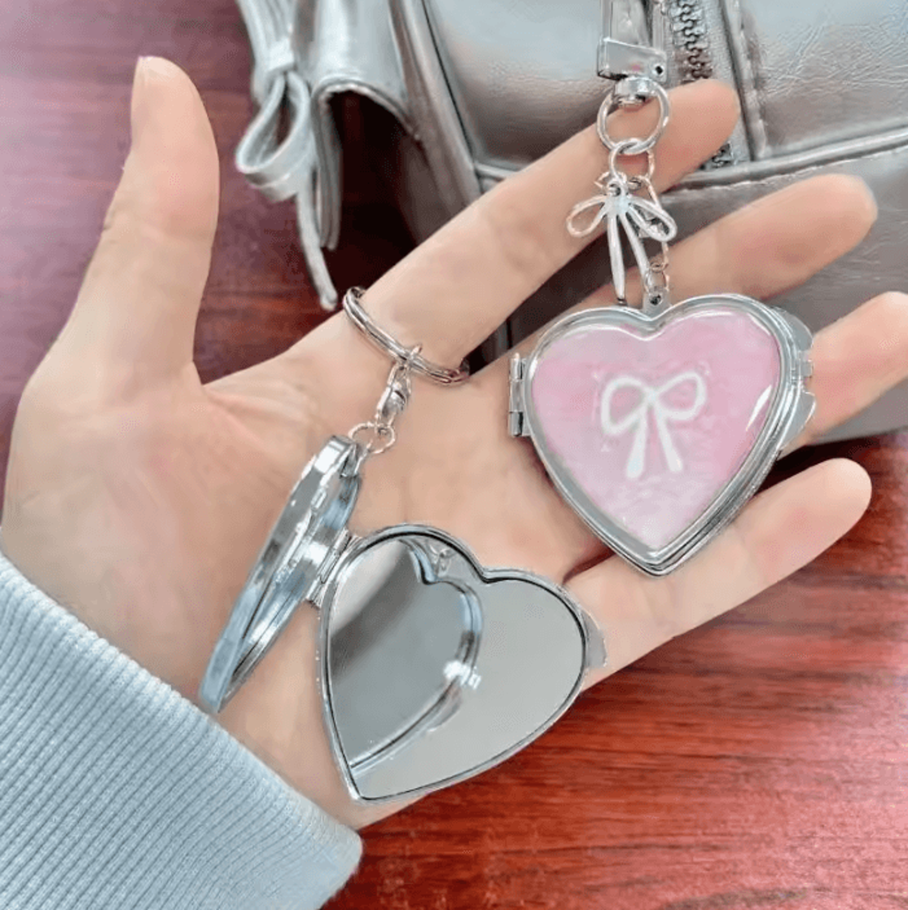 cute heart double sided keychain makeup mirror