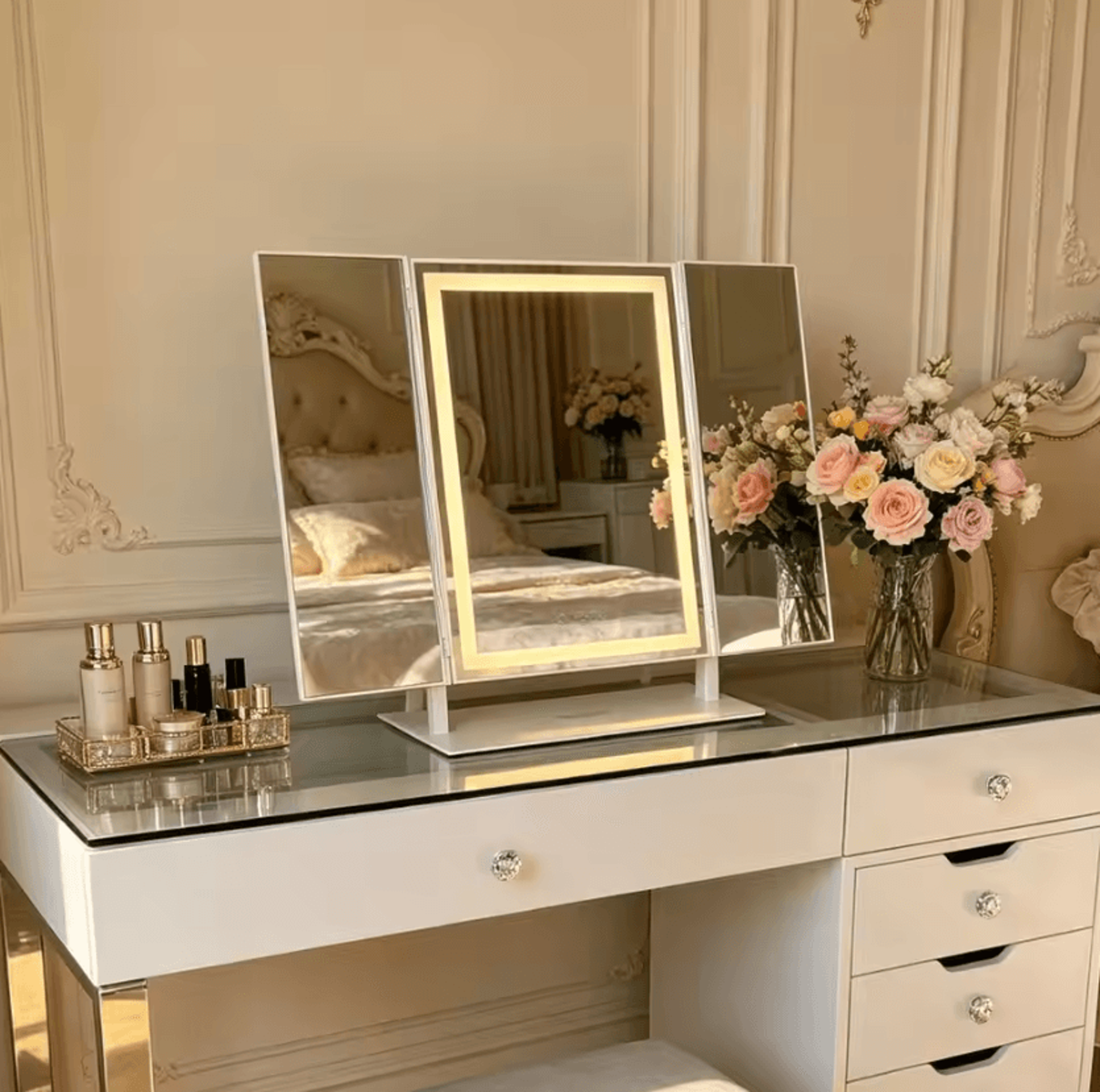 3 fold led tabletop vanity makeup mirror