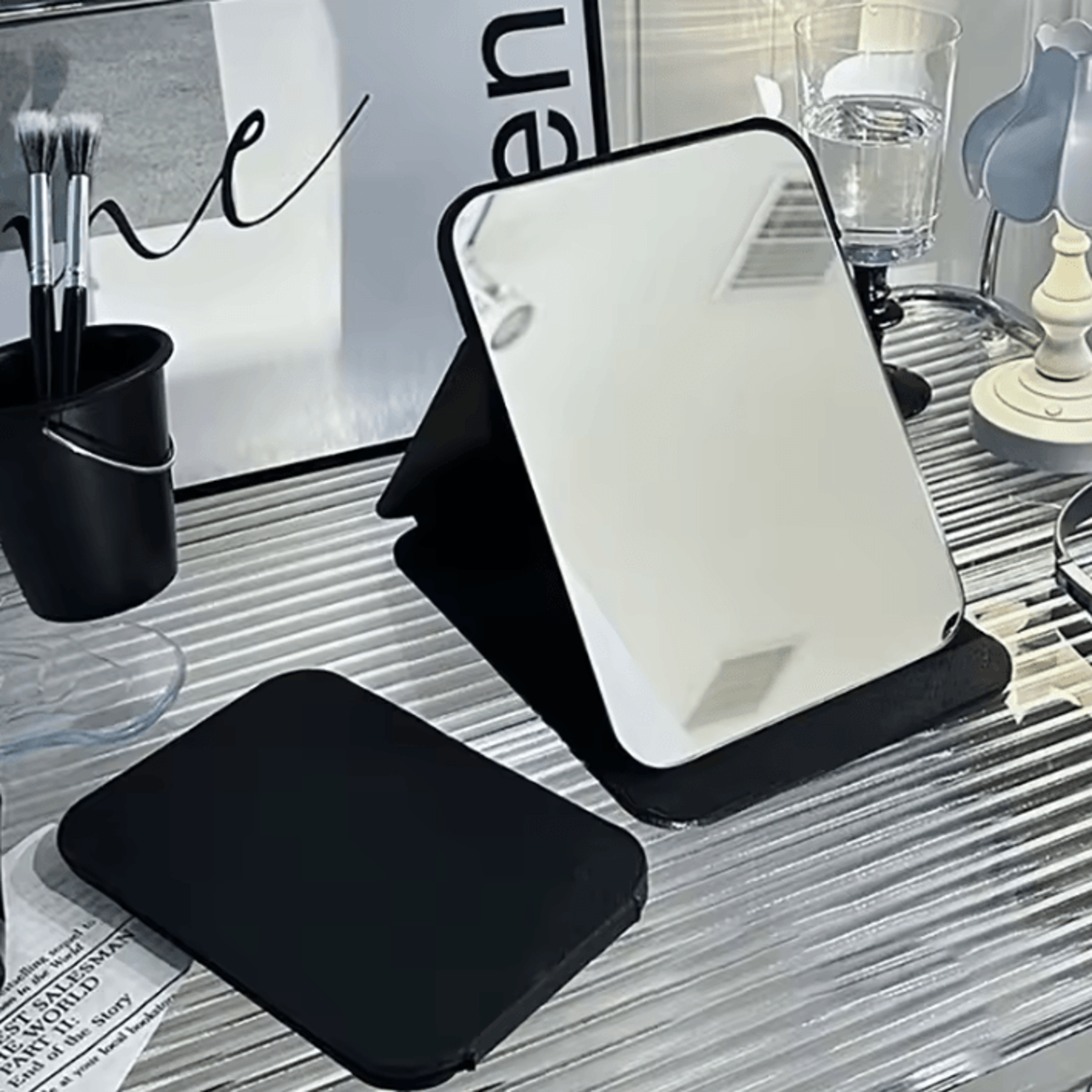 pu leather foldable desktop makeup mirror