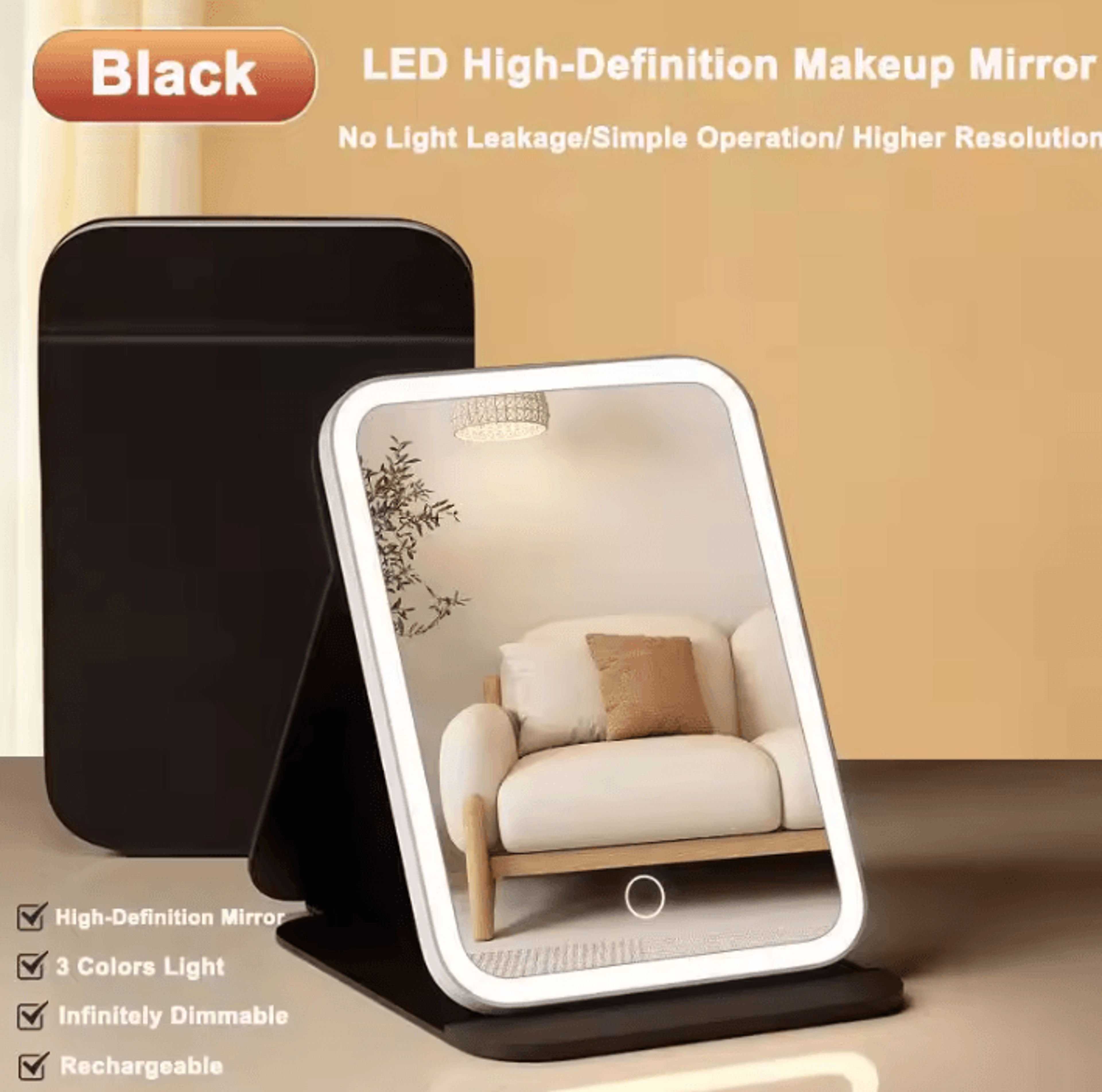 rechargeable led travel makeup mirror with 3 color lighting