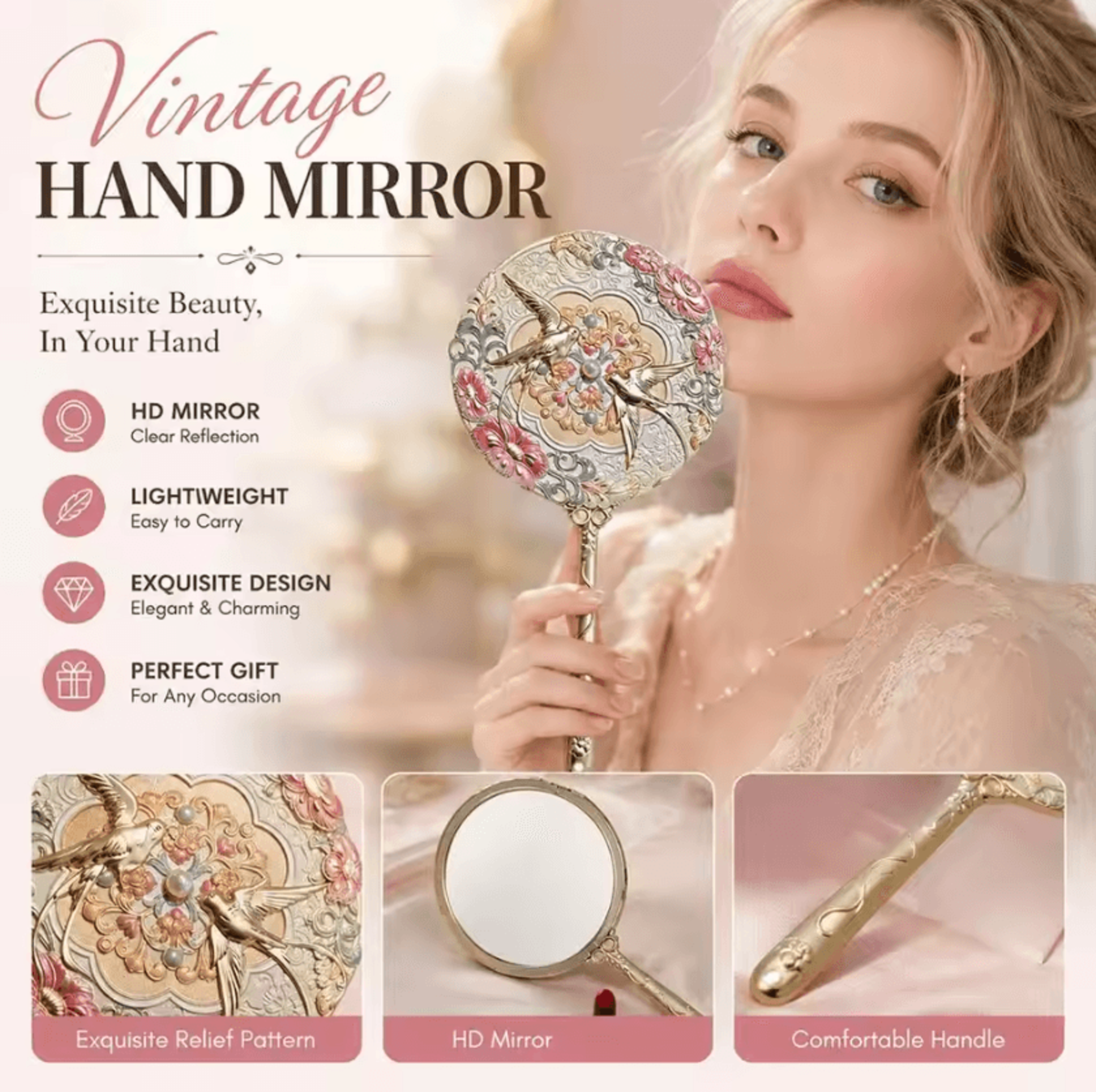 vintage chinese peony embossed handheld makeup mirror