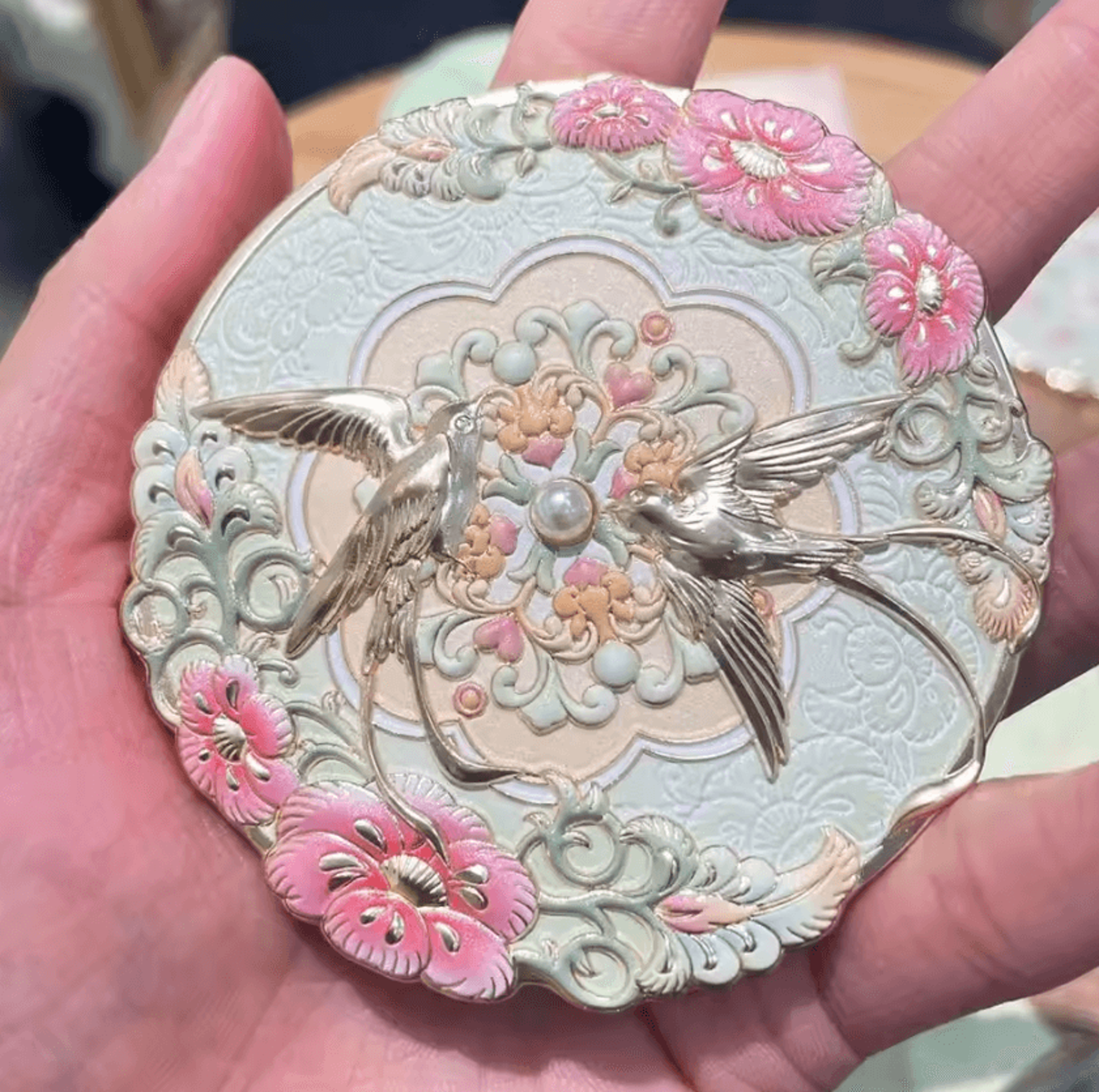 vintage chinese peony pocket makeup mirror