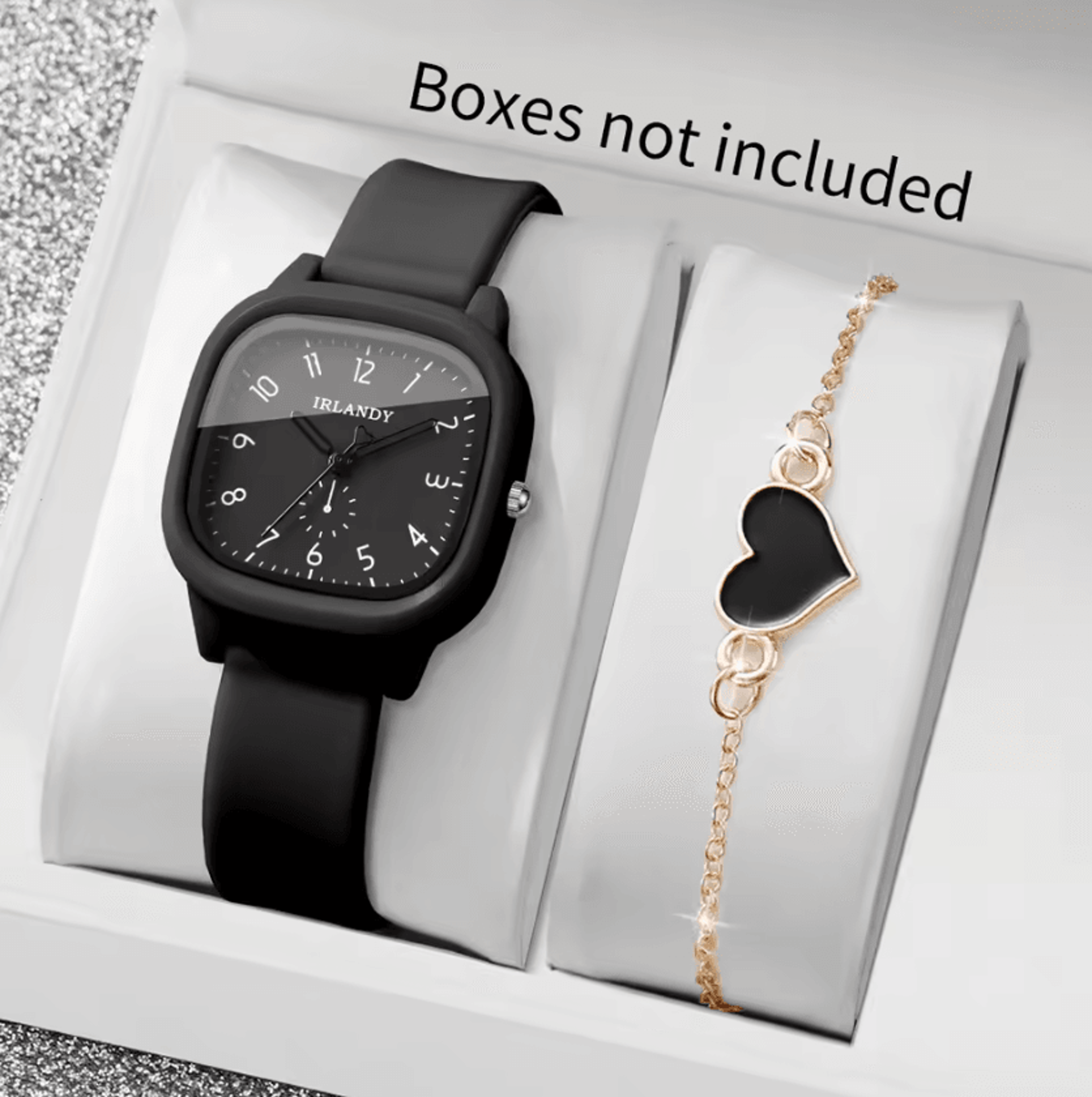 arabic dial square quartz watch and heart bracelet set