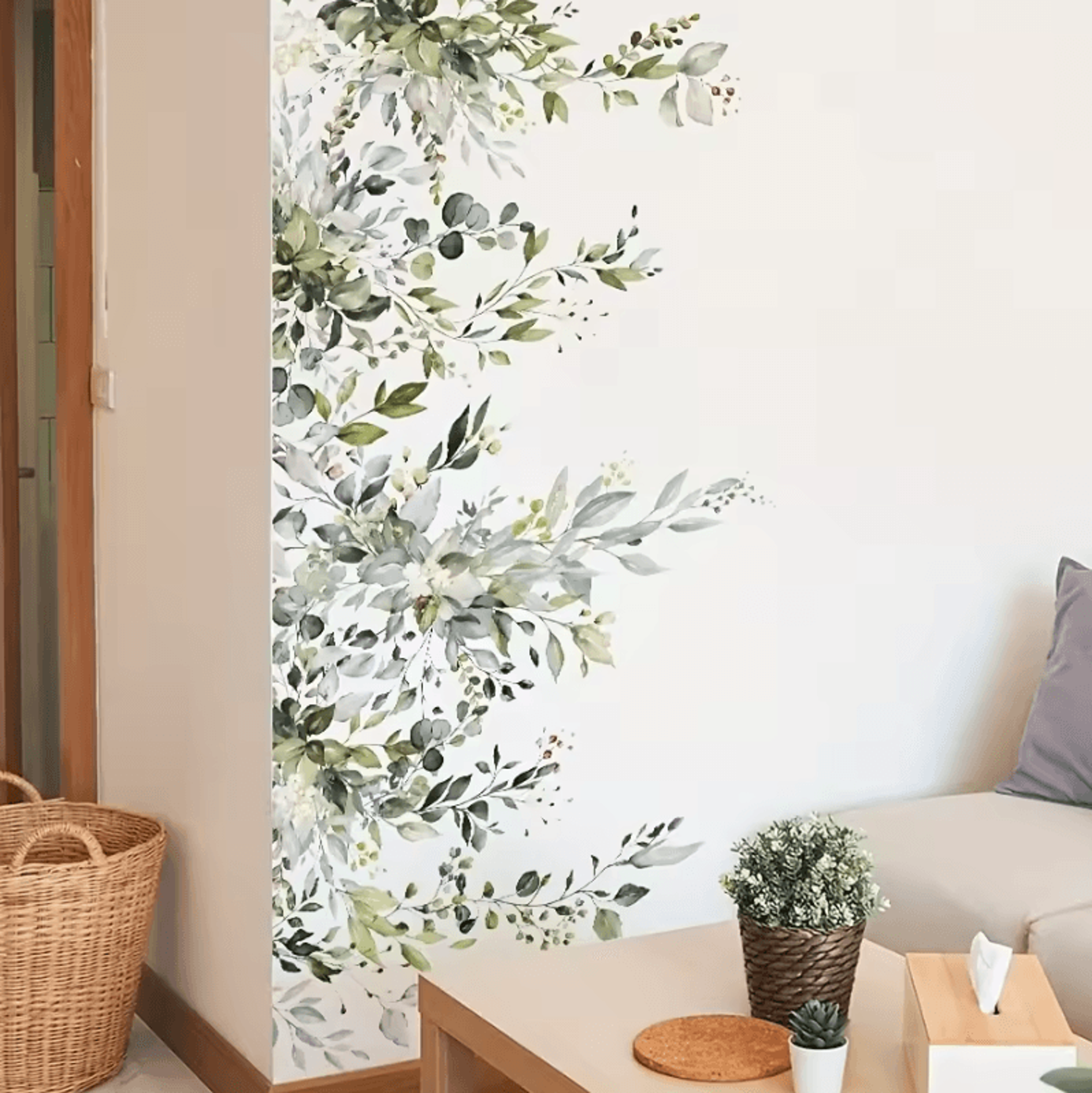 2 piece green leaf vine flower self adhesive wall stickers