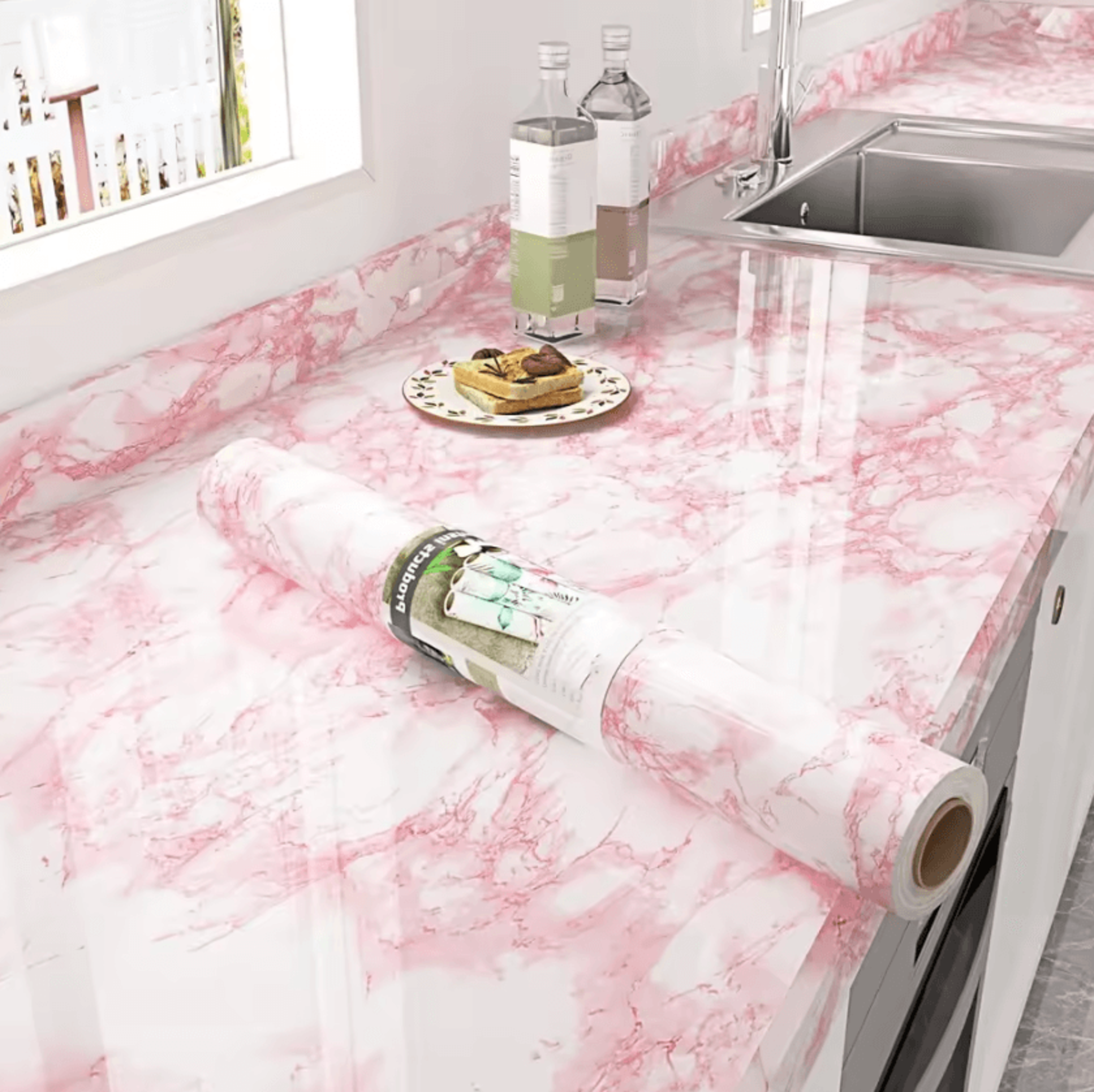 pink marble peel and stick countertop wallpaper
