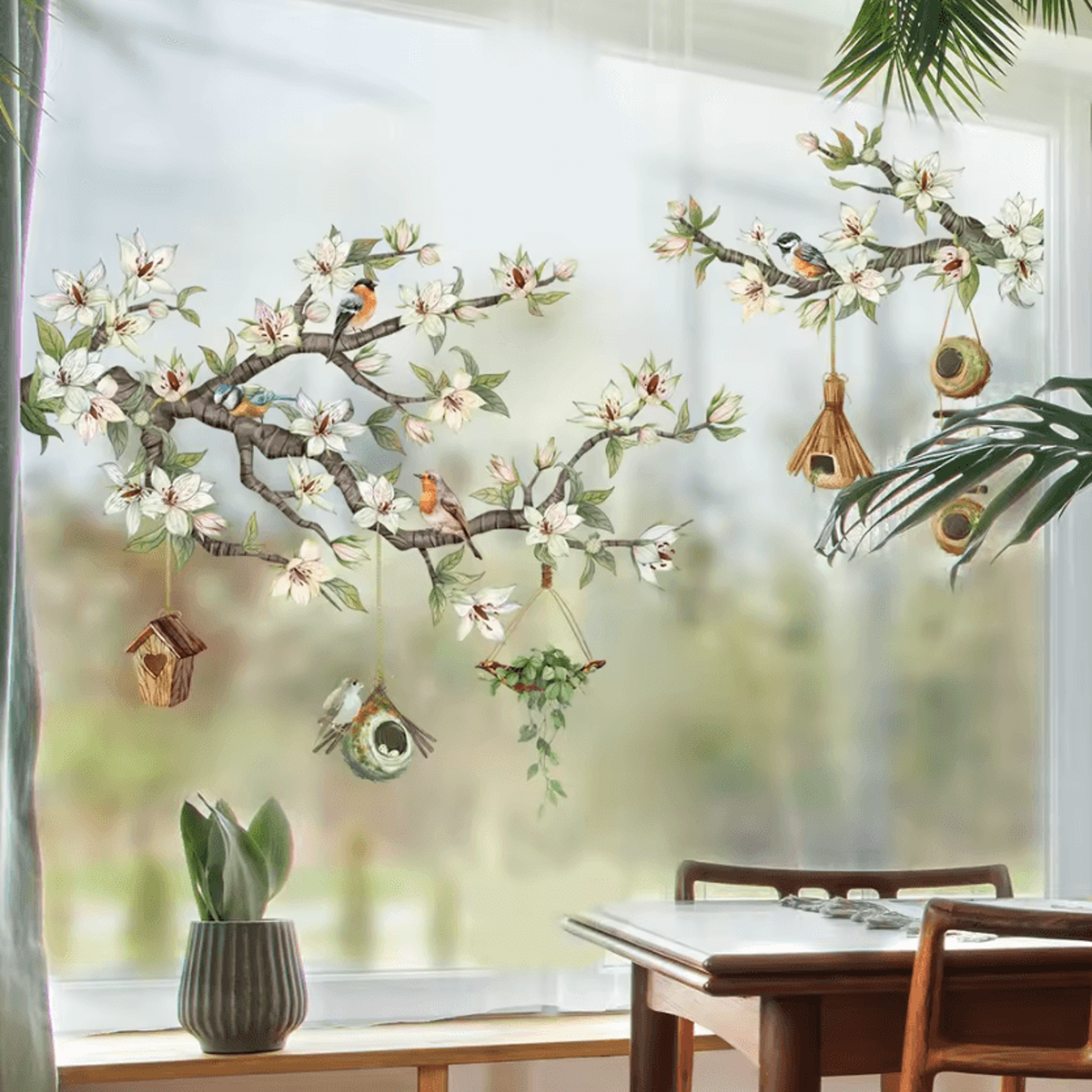 birds on flower branch peel and stick wall decal