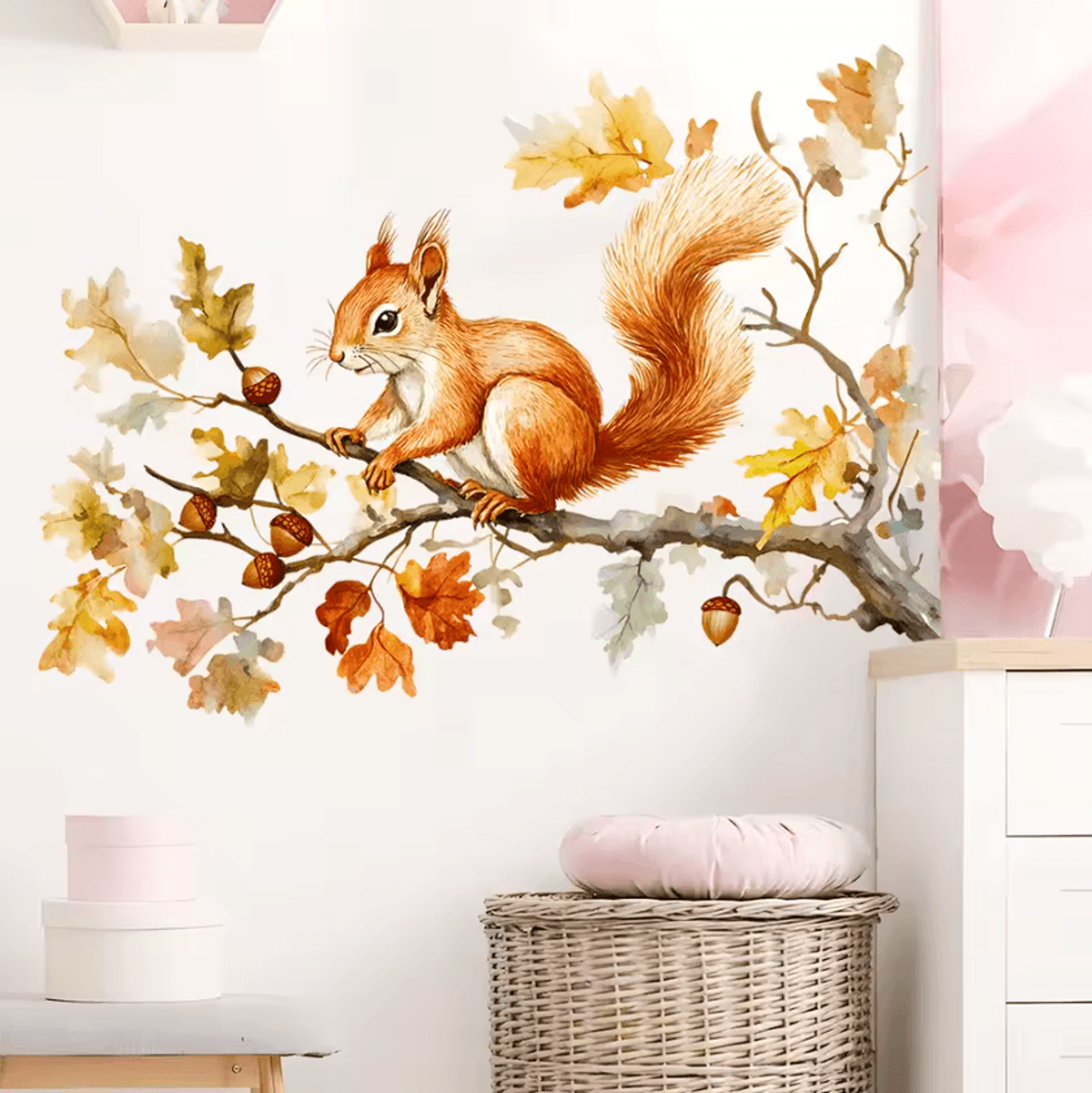 watercolor autumn maple leaves and squirrel wall stickers