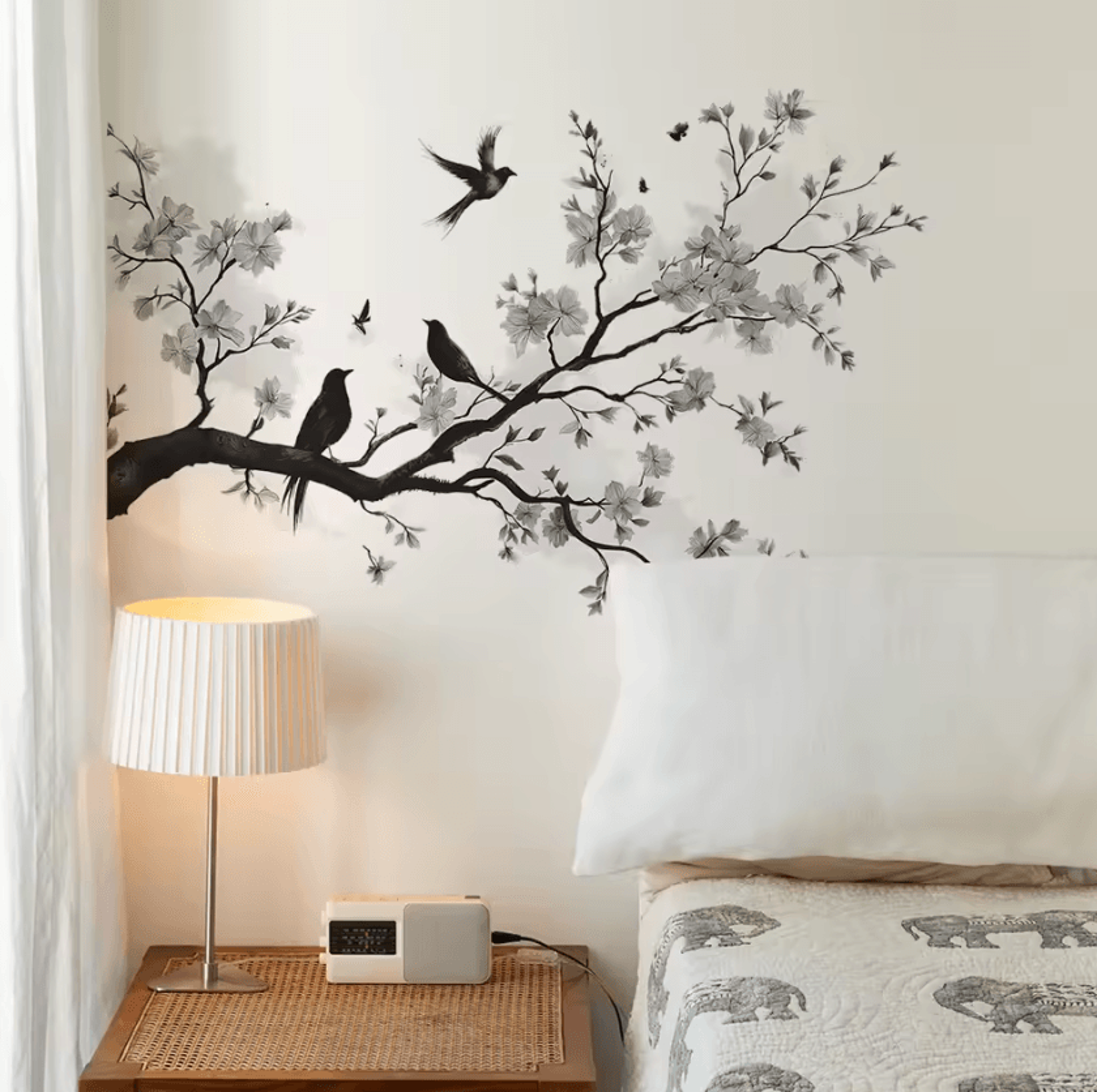 black and white blossom branch bird wall sticker