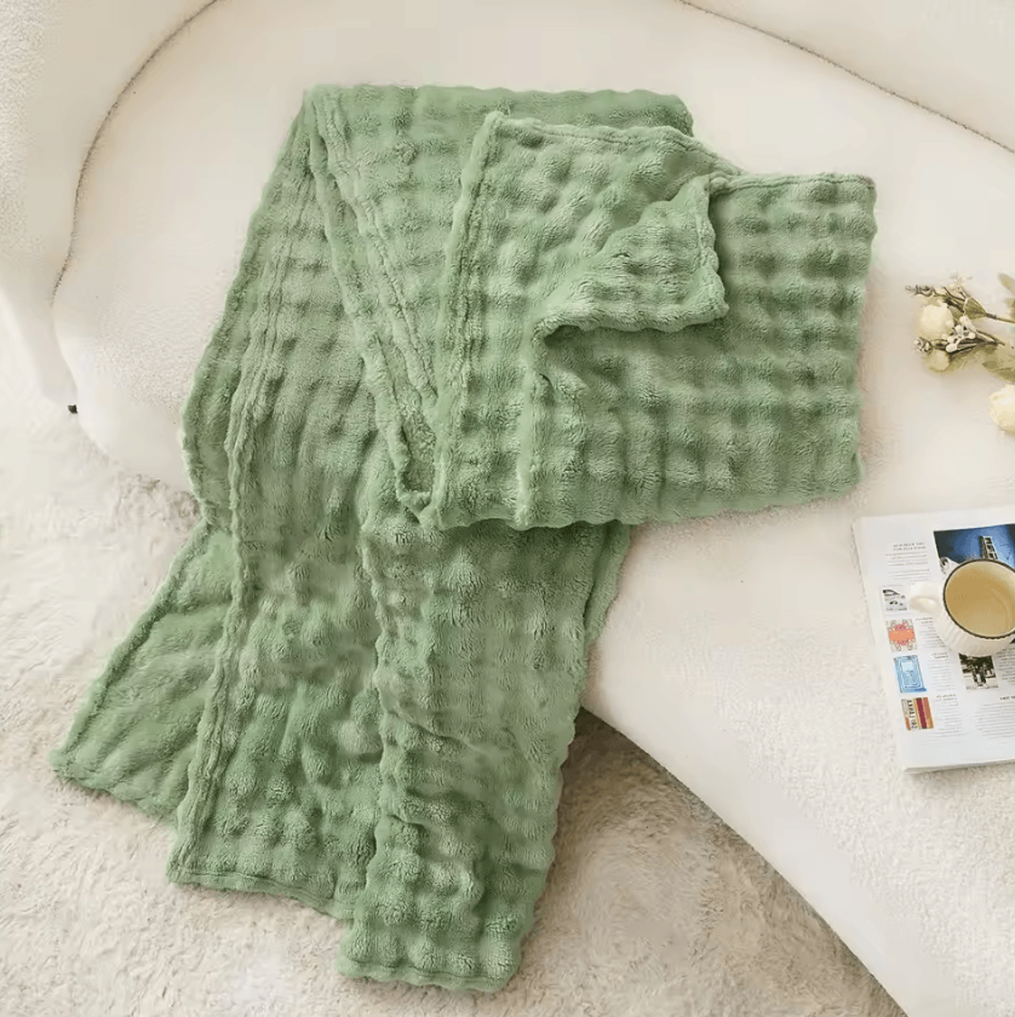sage green fleece bubble throw blanket