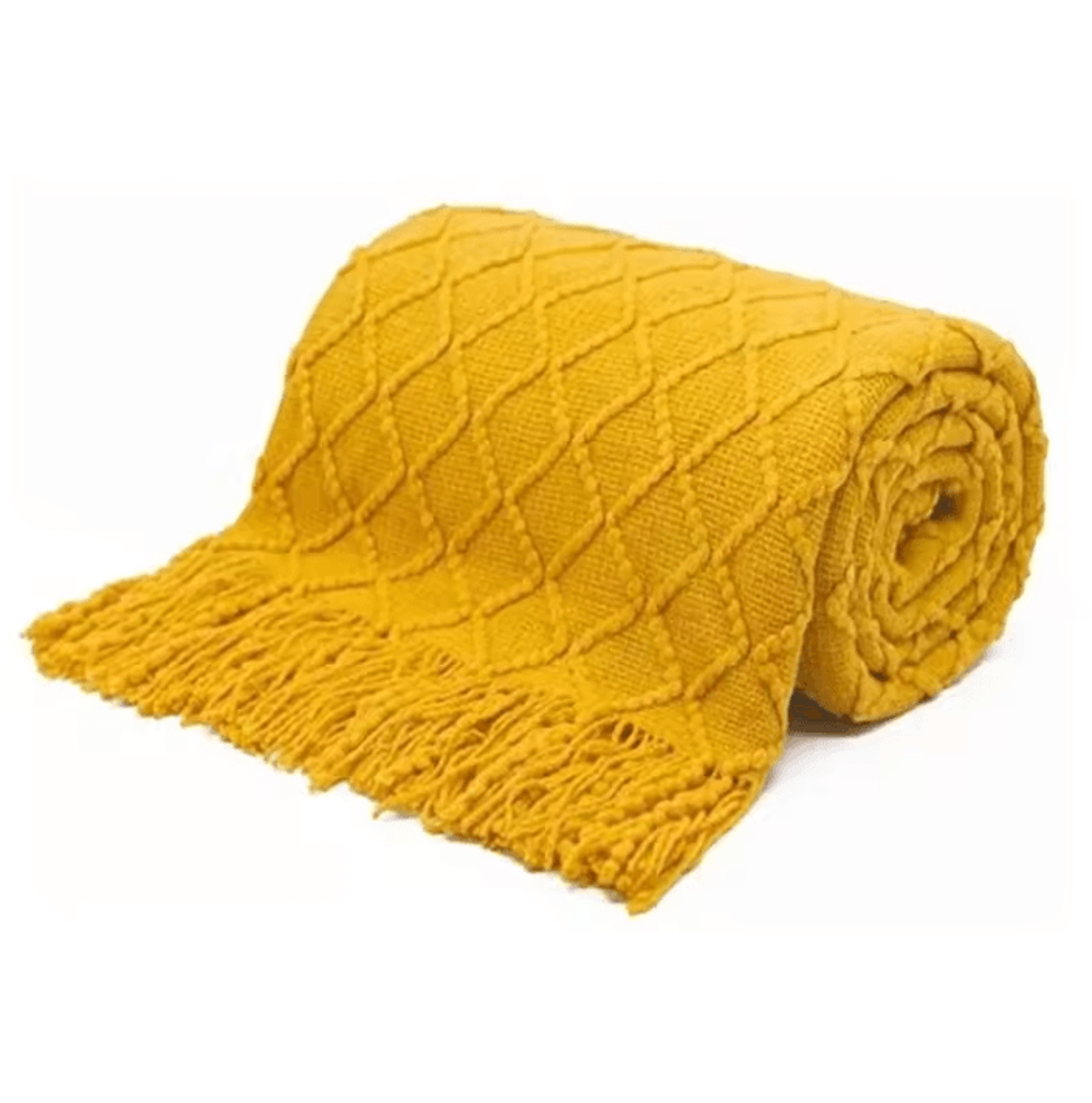 mustard yellow geometric knitted throw blanket with fringe