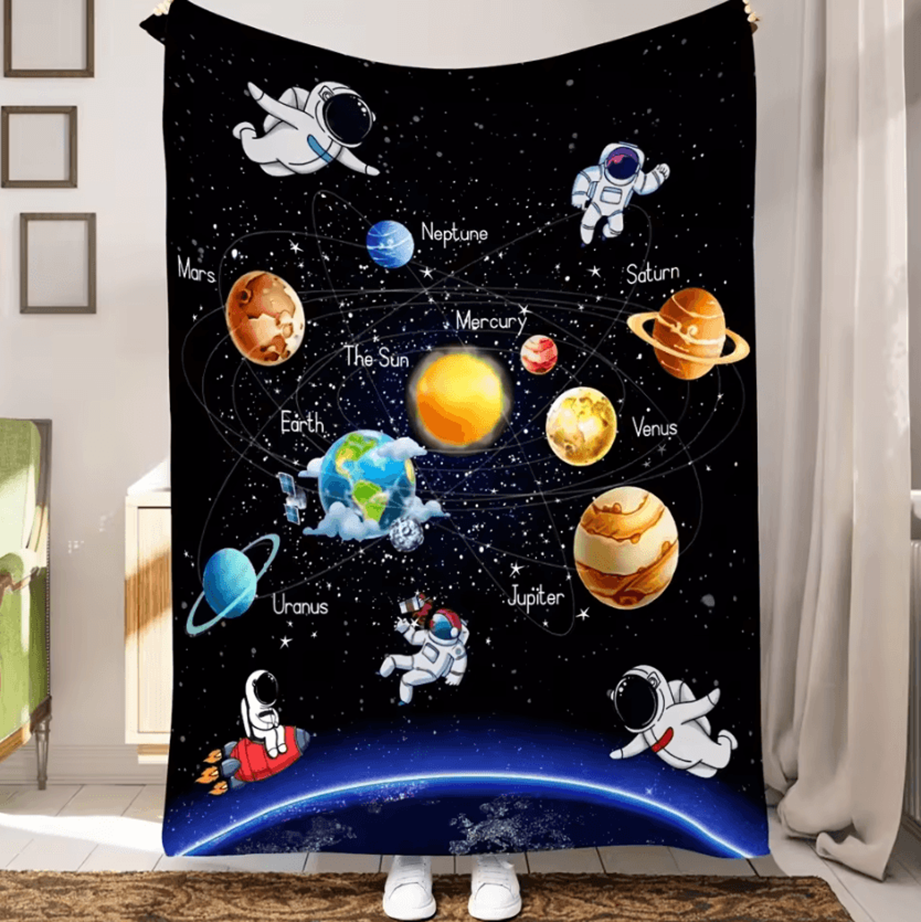 astronaut planet flannel throw blanket