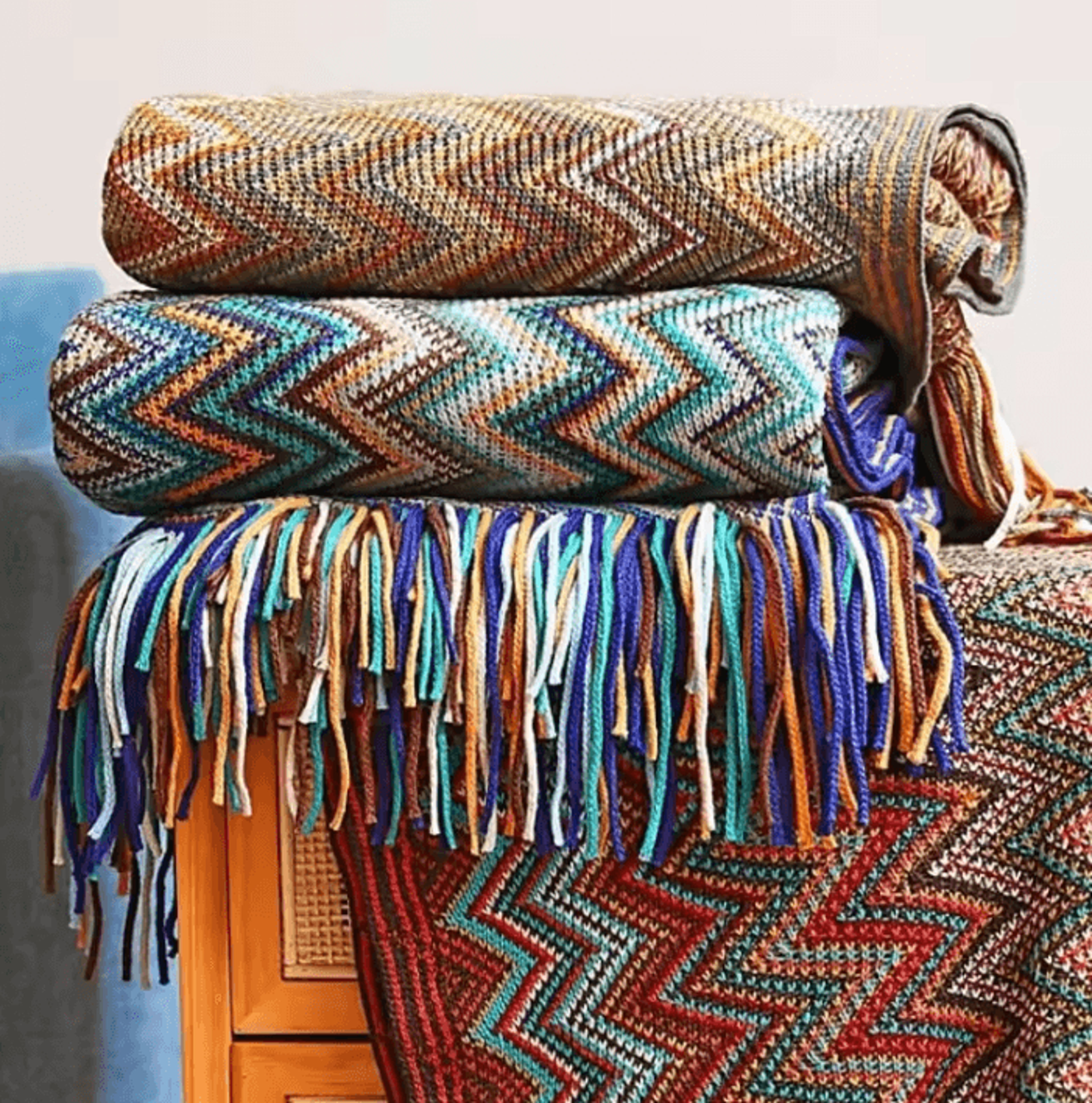 rust red boho knitted tassel throw blanket
