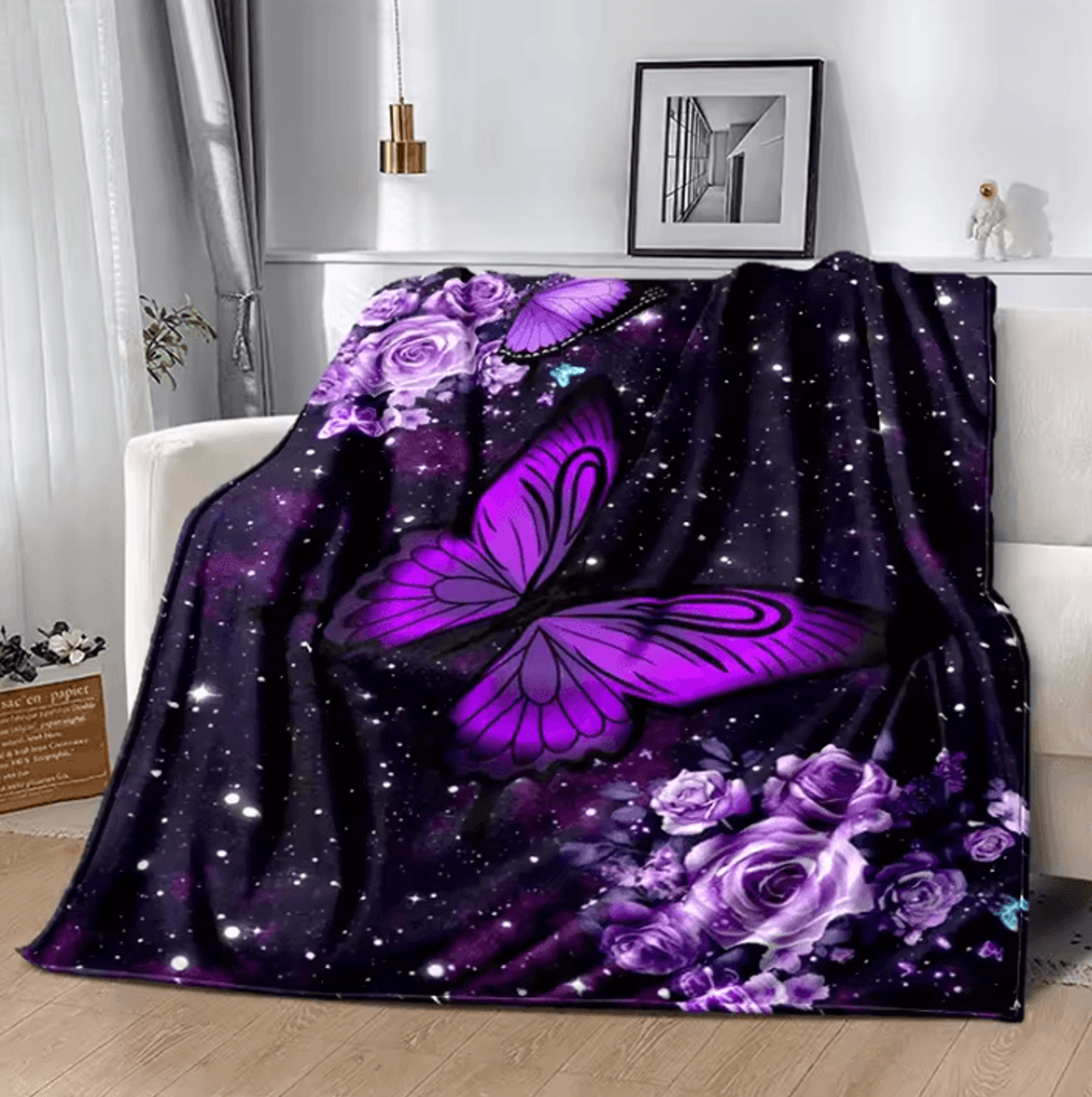 purple starry butterfly flannel throw blanket