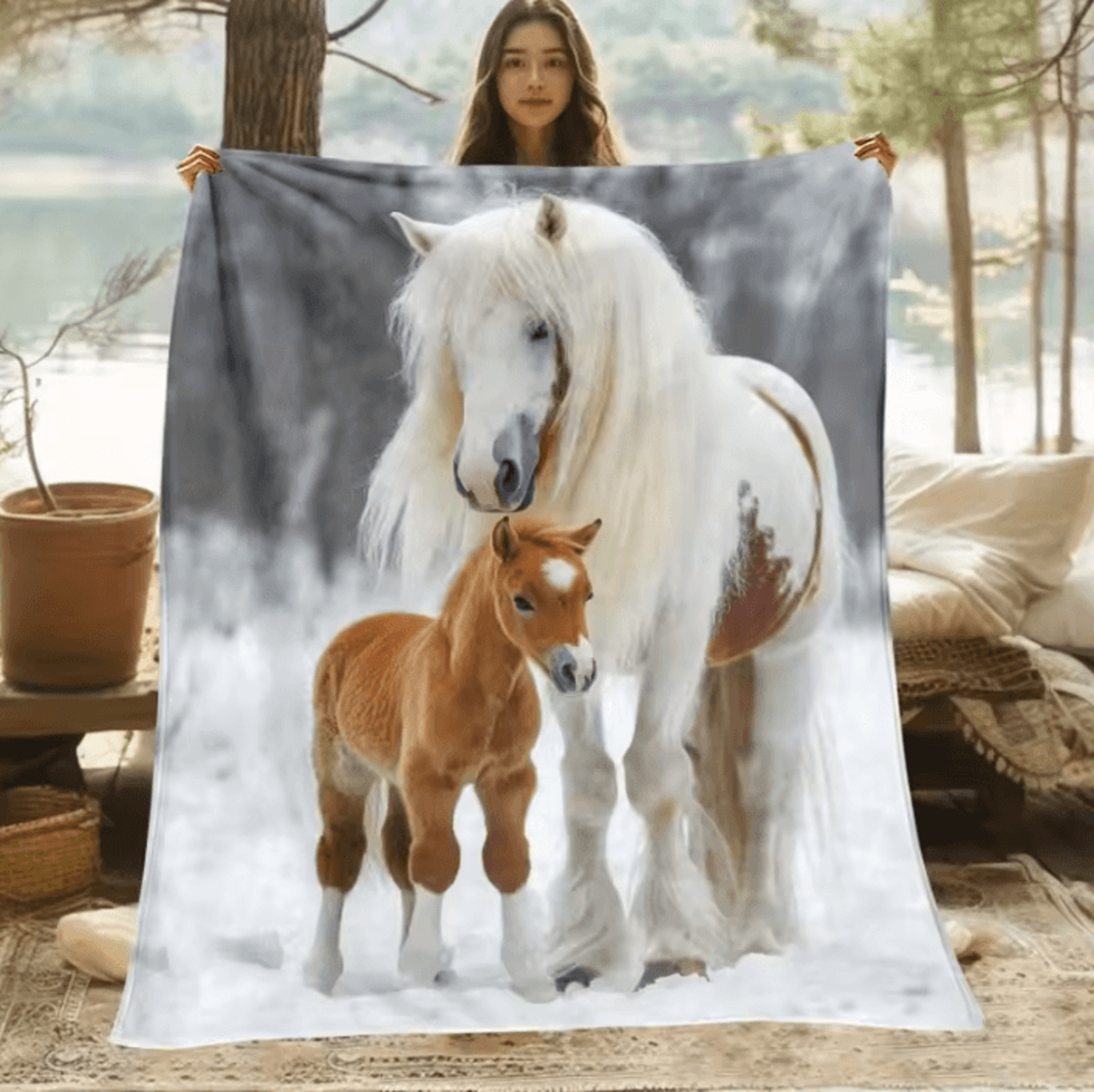 white horse and foal snow flannel throw blanket