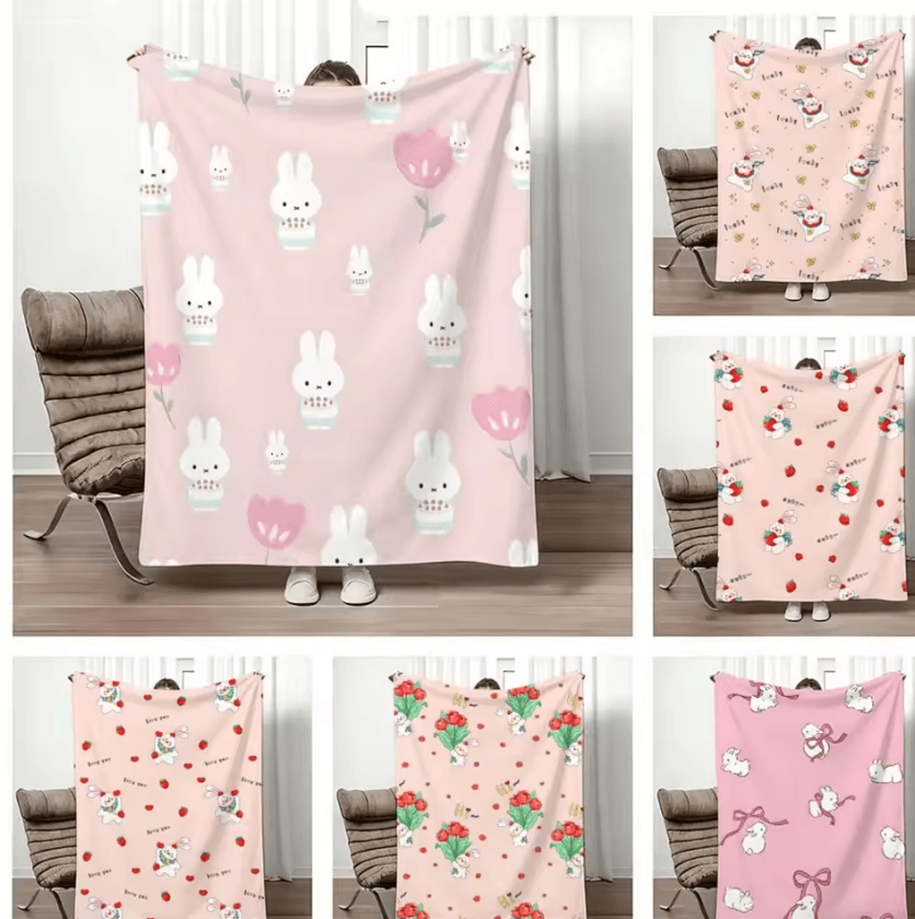 sweetheart pink rabbit lightweight flannel throw blanket