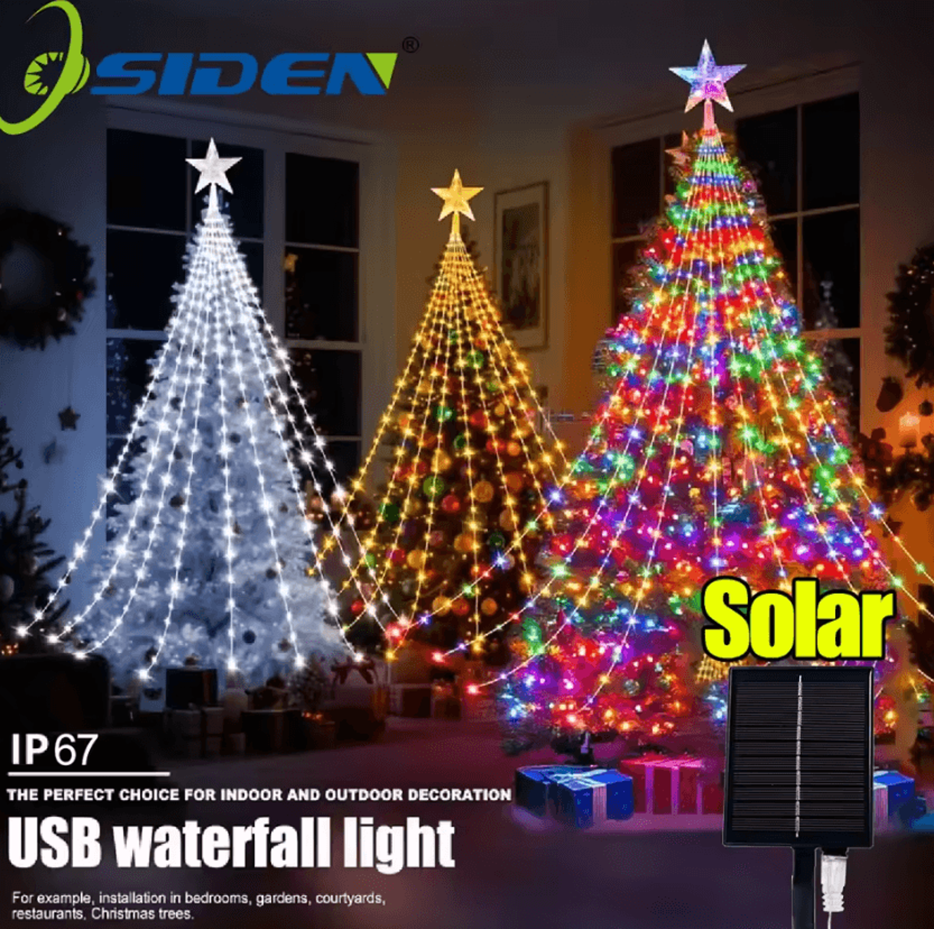 five point star waterfall string lights usb solar powered