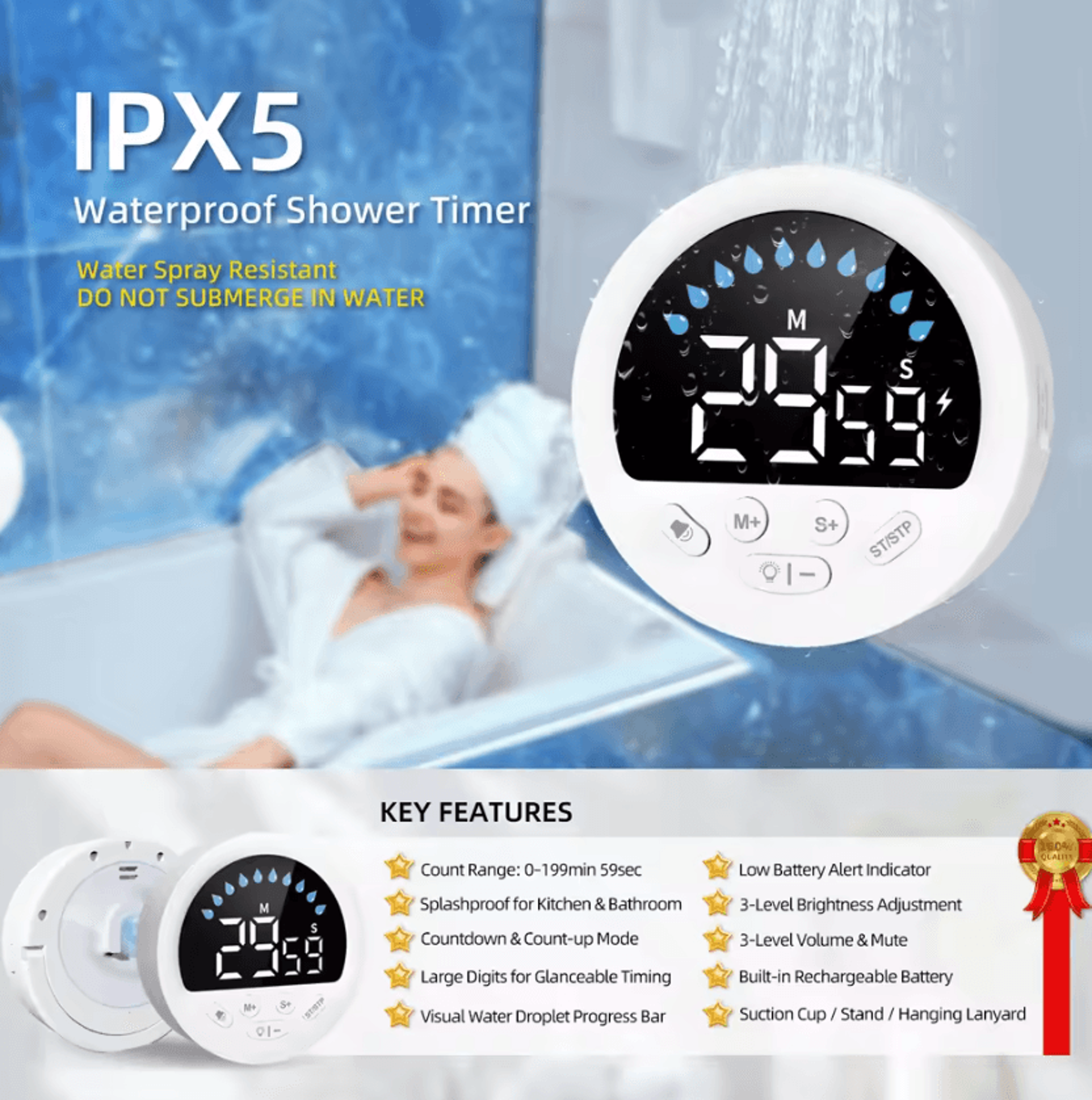 rechargeable waterproof led shower and kitchen timer
