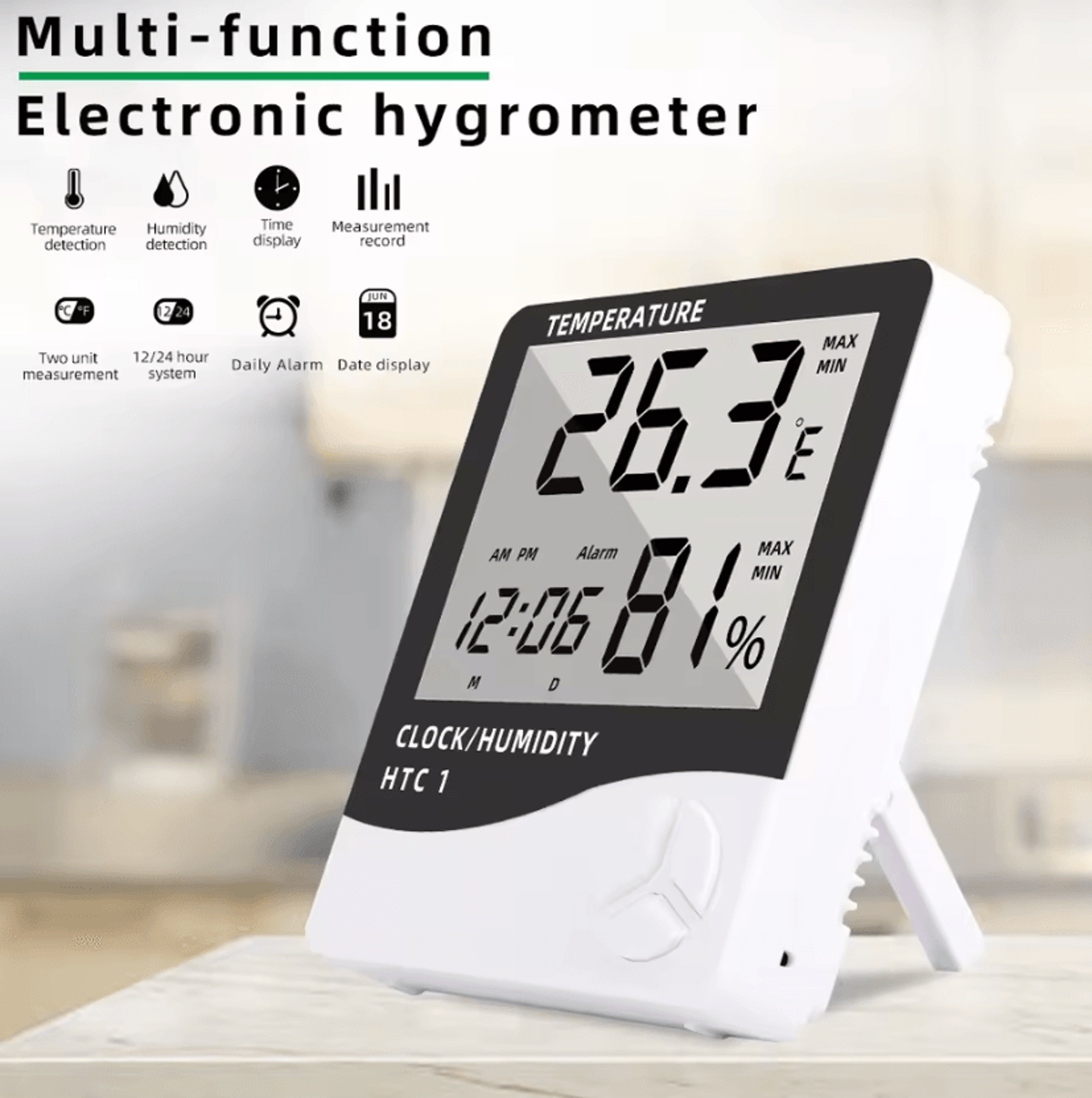 htc-1 htc-2 digital thermometer hygrometer with clock and humidity monitor